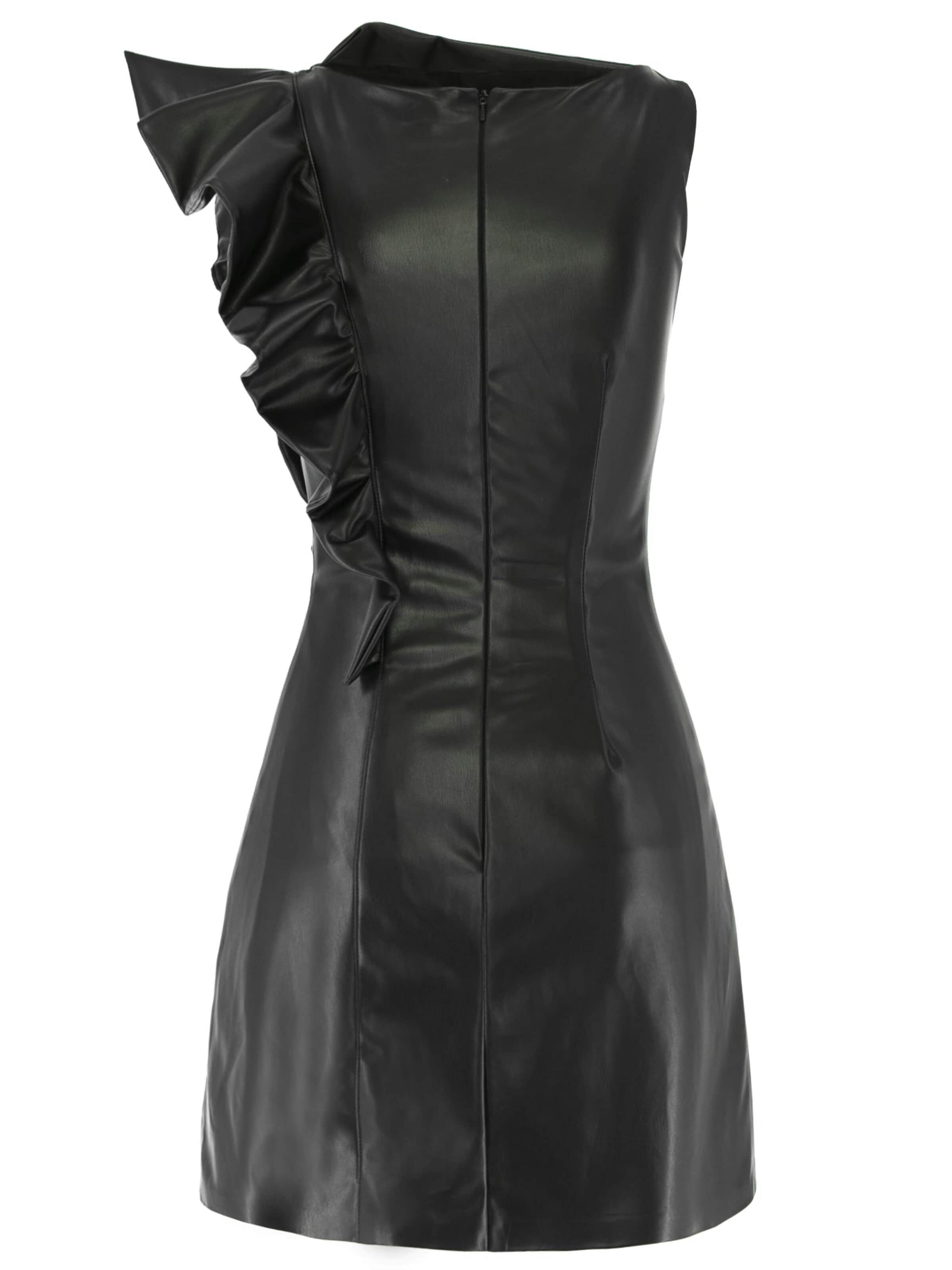 Rochie 'Eco Leather Asymmetrical Mini Dress With Ruffle' de la AVENUE N°29 pe negru