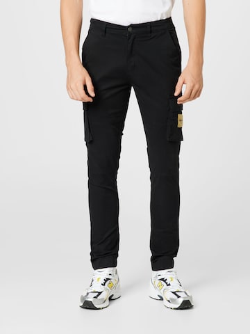 Denim Project Tapered Cargo Pants in Black: front