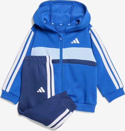 92 dydžio Treniruočių kostiumas 'ESSENTIALS TIBERIO 3 STRIPES FLEECE' iš ADIDAS SPORTSWEAR, spalva – mėlyna / šviesiai mėlyna / tamsiai mėlyna / balta, Prekių apžvalga
