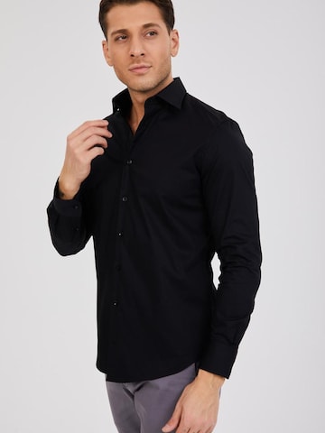 7Camicie - Ajuste estrecho Camisa de negocios 'Firenze Satin Man Shirt Black' en negro