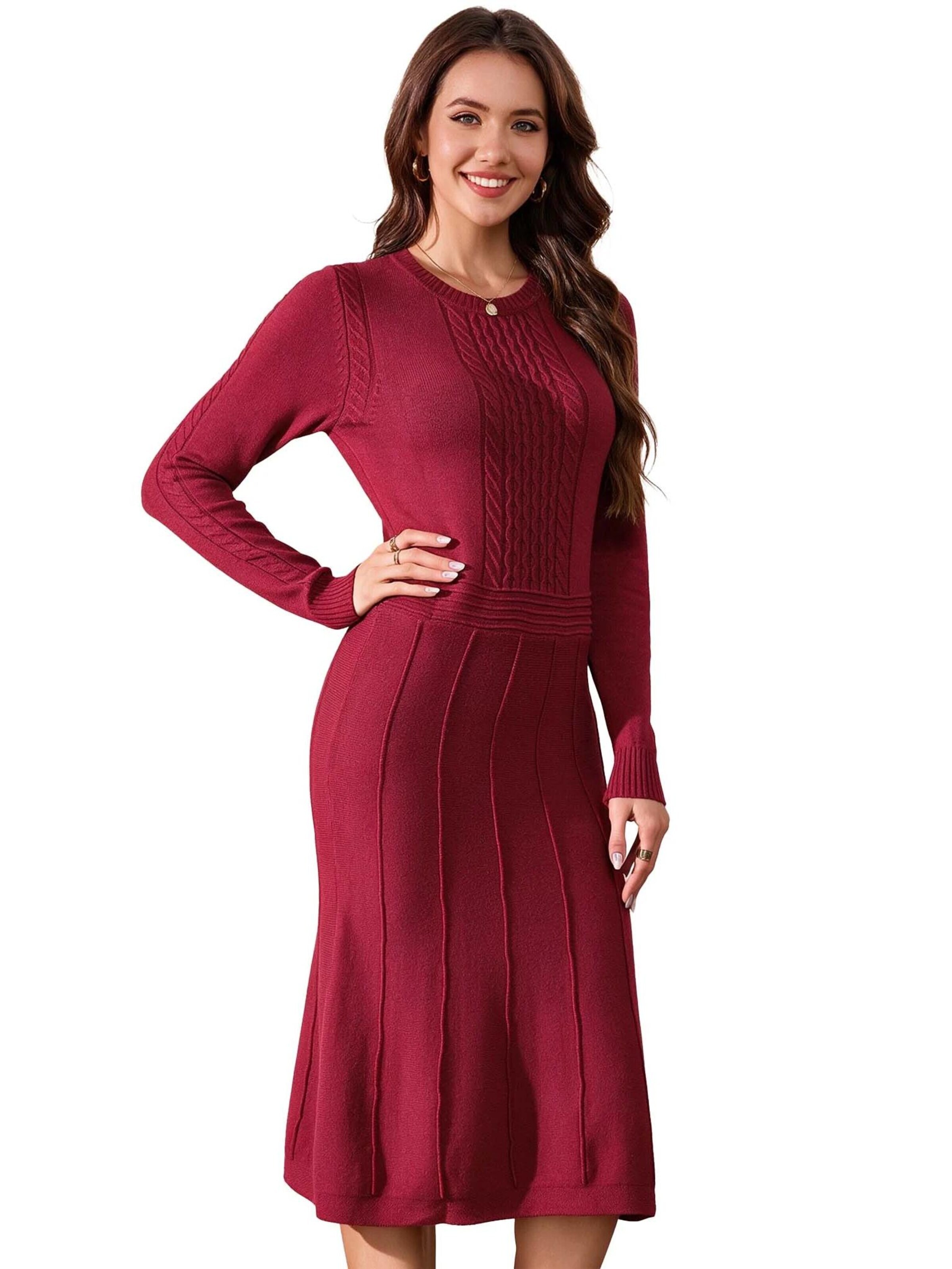 KoJooin Sukienka z dzianiny 'Damen-Rippstrickkleid in Midi-Länge mit Rundhalsausschnitt und langen Ärmeln' w kolorze czerwony