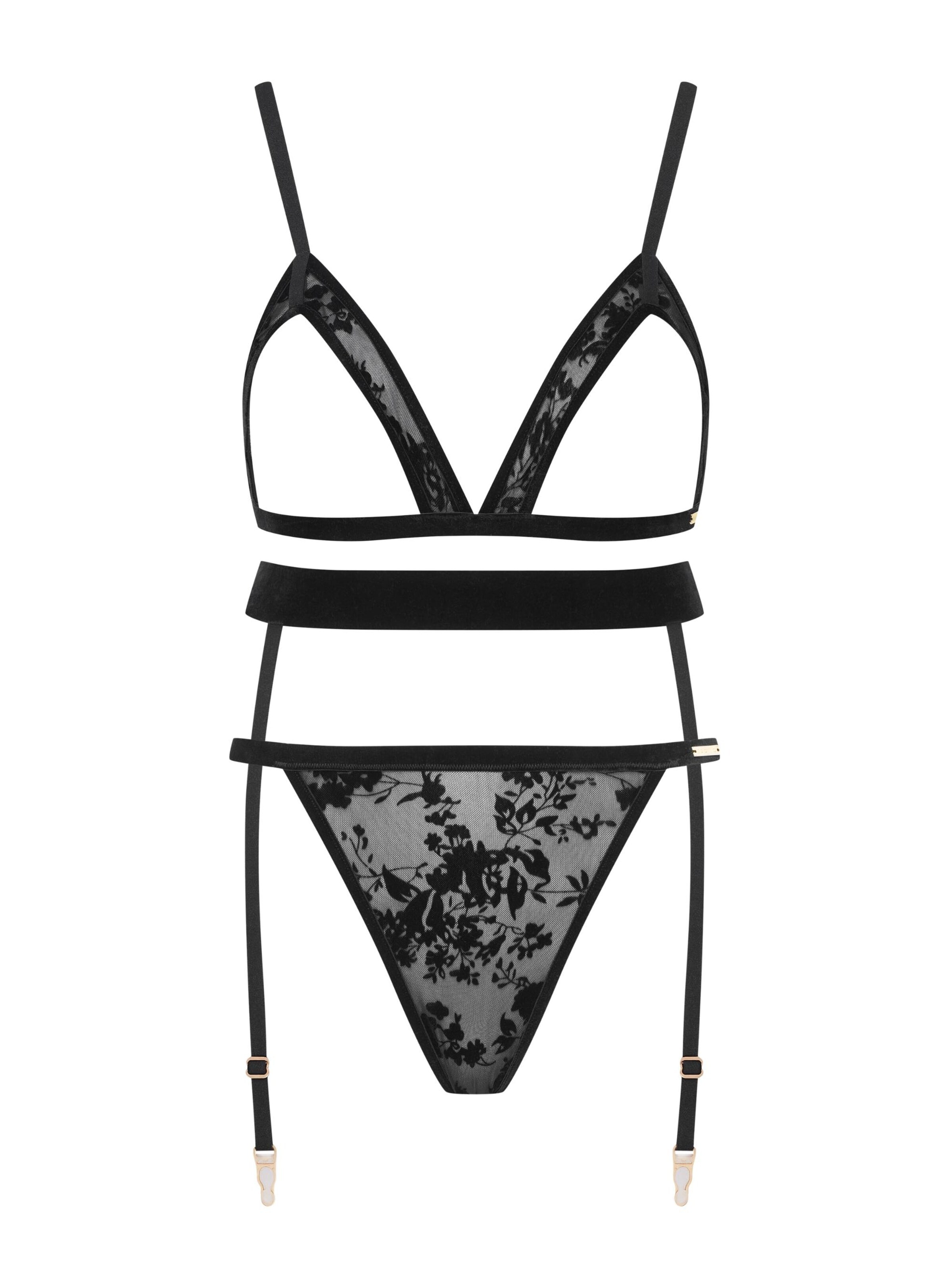 ESOTIQ - Conjuntos de ropa interior 'Women's Sexy Lingerie Set Erotic with Shelf Bra Open Cup Garter Belt | Zeal' en negro