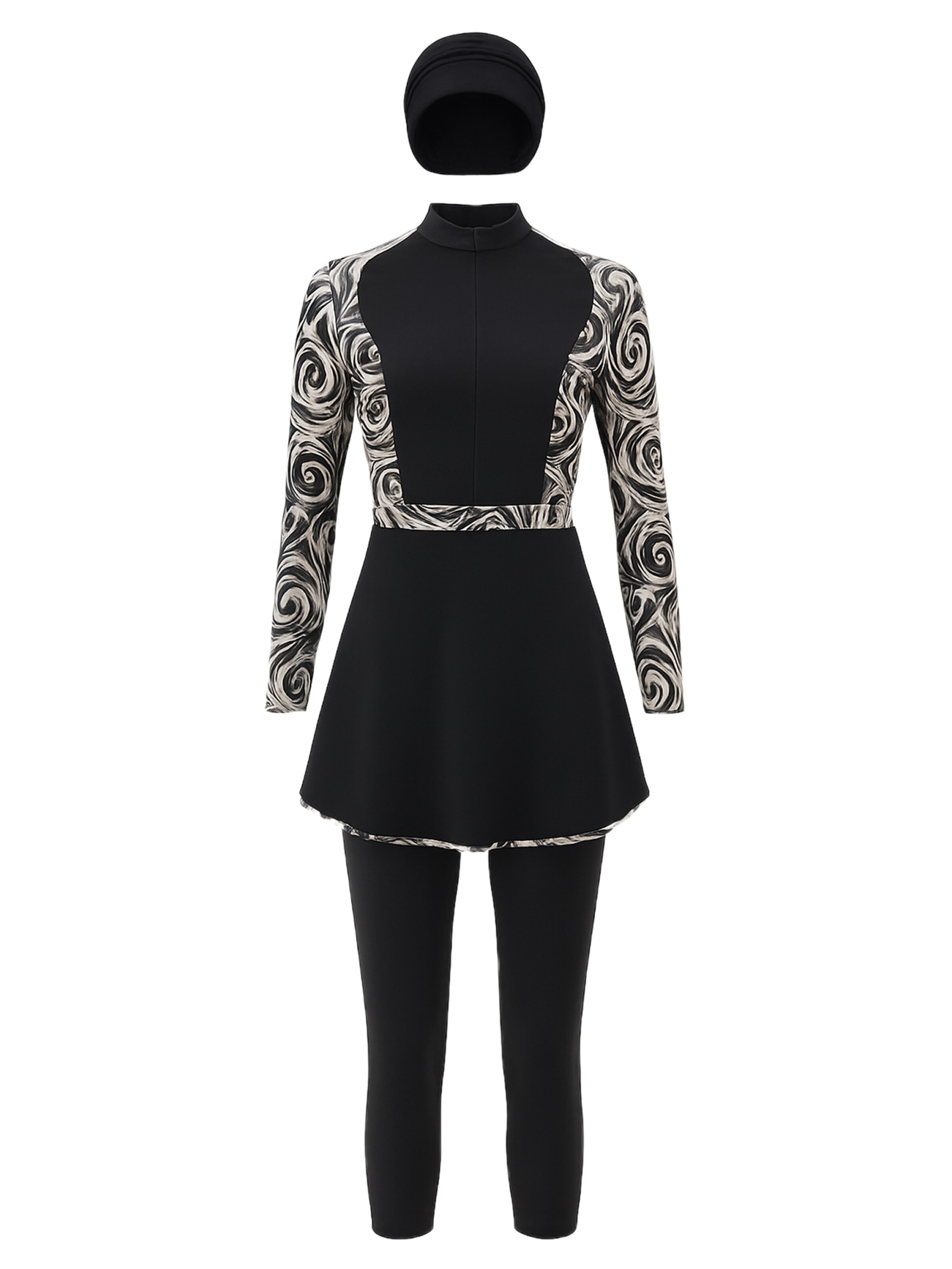 C&City Set: Badeanzugkleid, Badehose und Mütze in beige / tanne / schwarz, Produktansicht