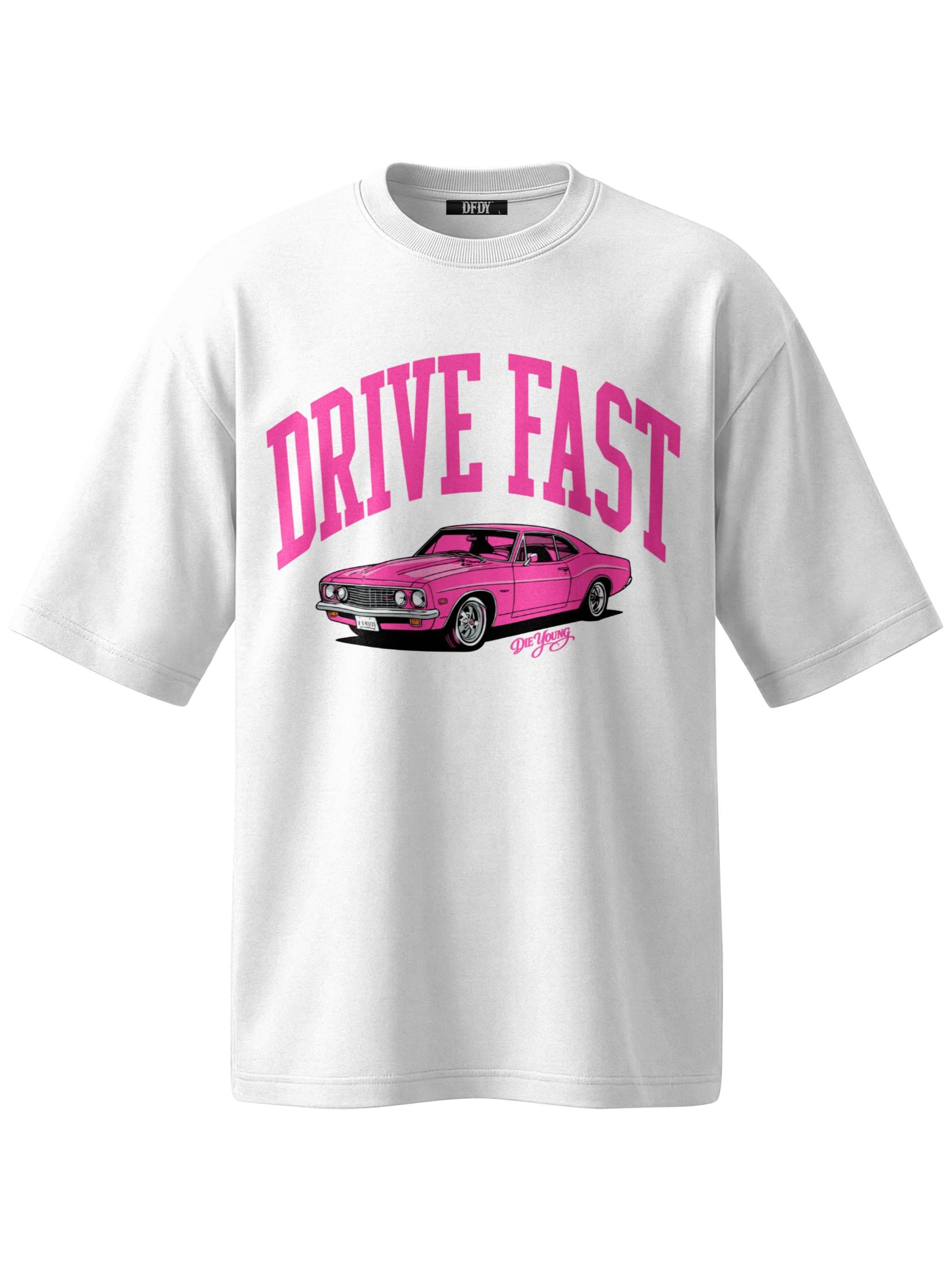 DriveFastDieYoung Shirt 'Drive Fast Car Tee White Pink' in White: front