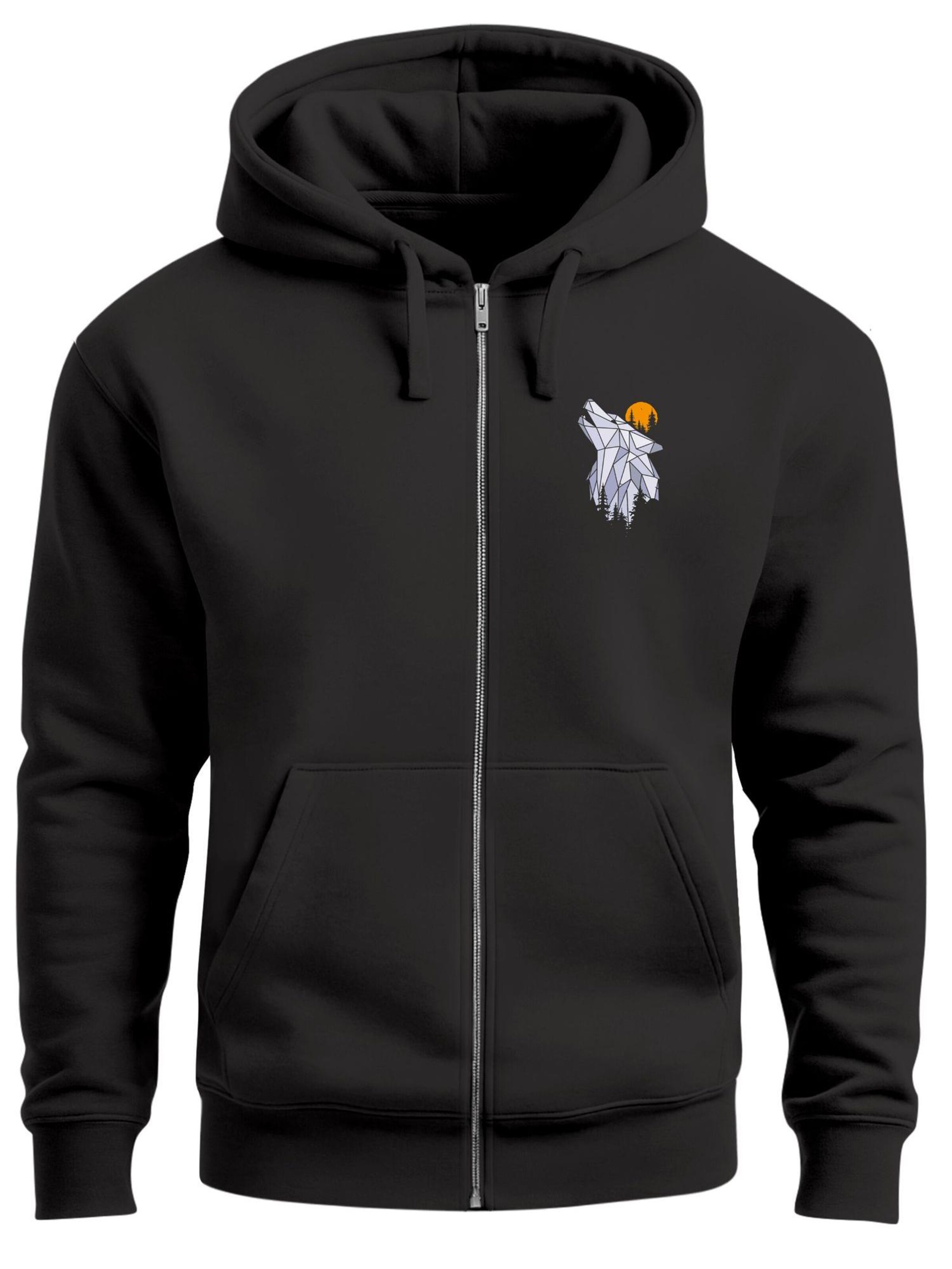 Neverless Zip-Up Hoodie 'Polygon Wolf' in Black: front