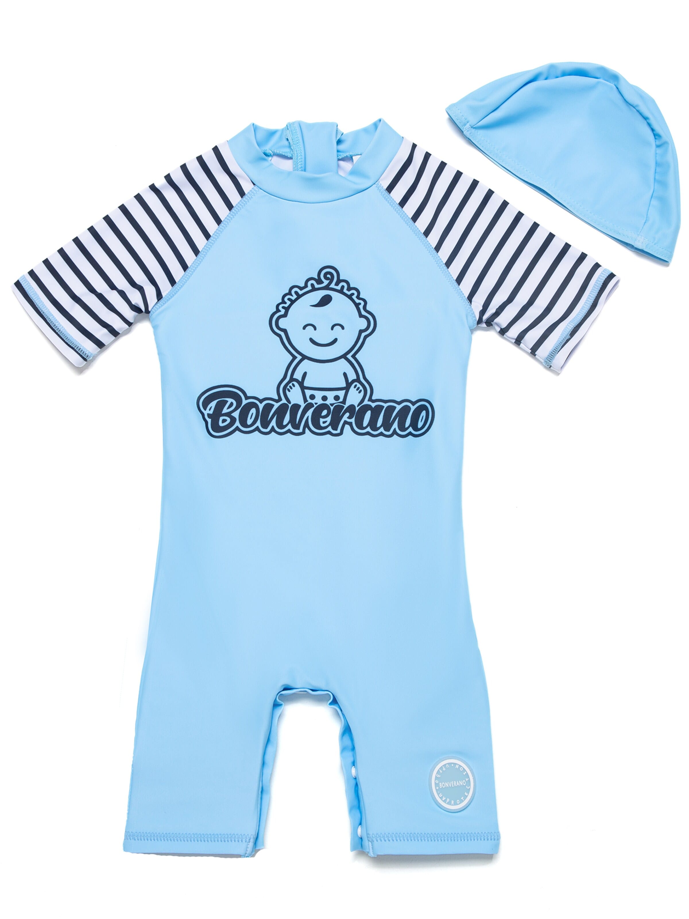 BONVERANO Athletic Swimwear 'Baby Jungen UV Badeanzug 50+ Kurzarm Schritt Druckknöpfe inkl Hut' in Blue: front