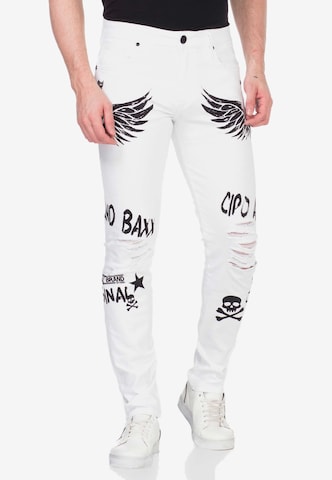 CIPO & BAXX Slimfit Jeans 'Wings & Skulls' in Wit: voorkant