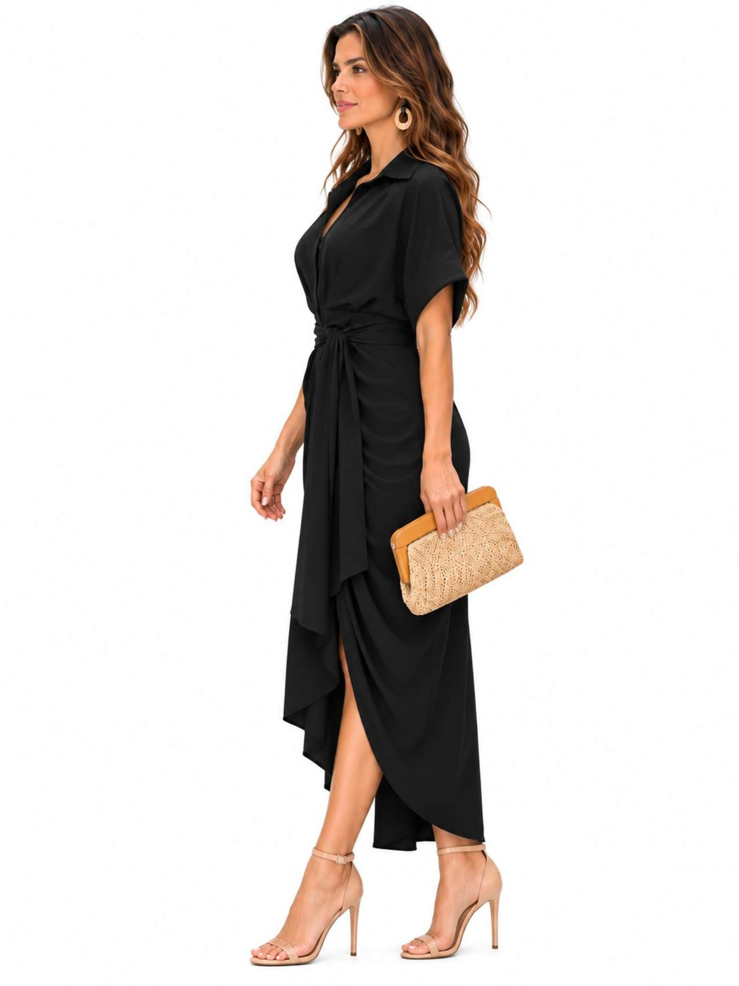 SPORTS36.NL Dress 'Women's Short-Sleeve Shirt Dress with Waist Tie' in Black