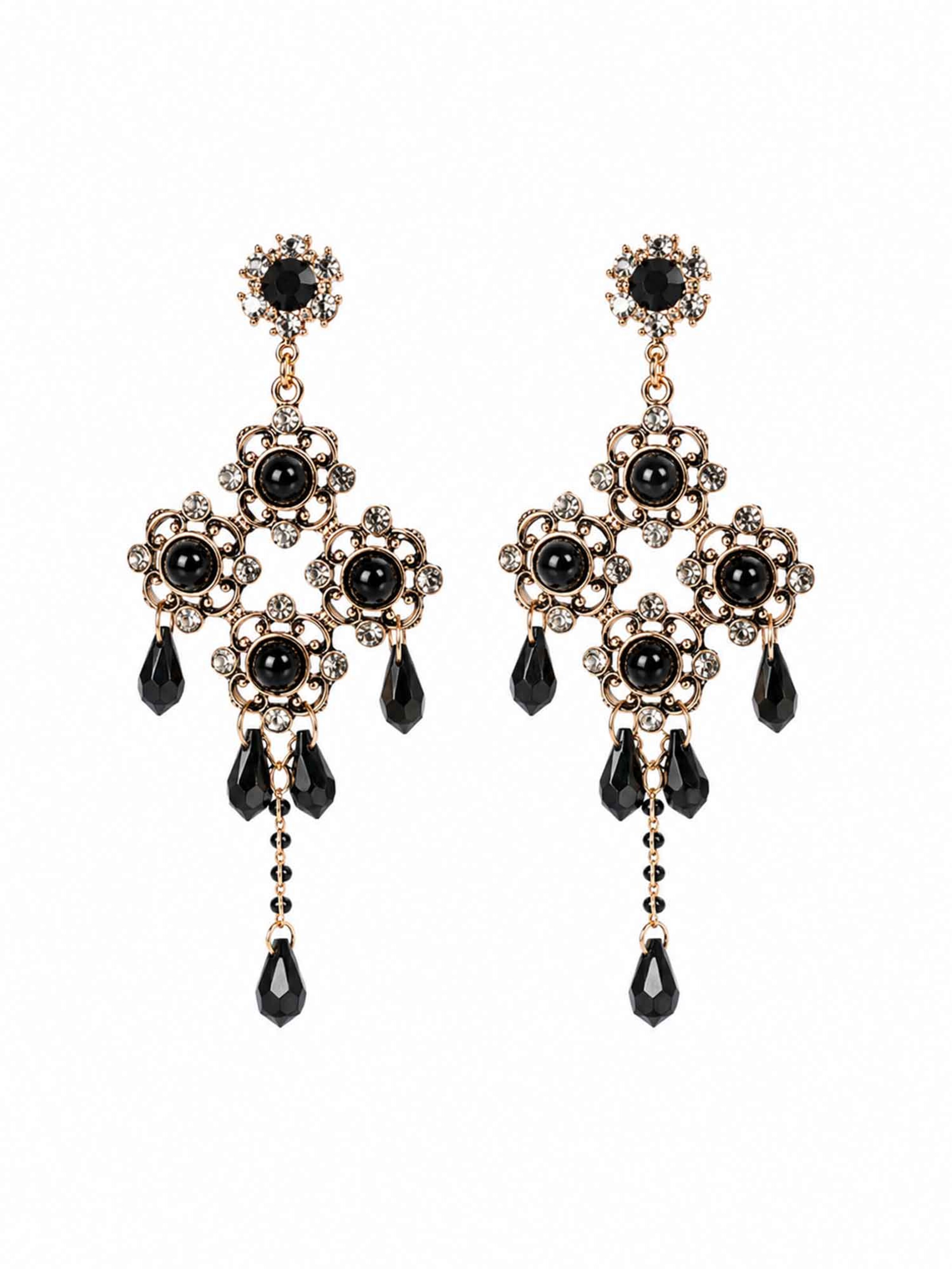 RteRme Náušnice 'Elvina Baroque Floral Crystal Earring' – černá: přední strana