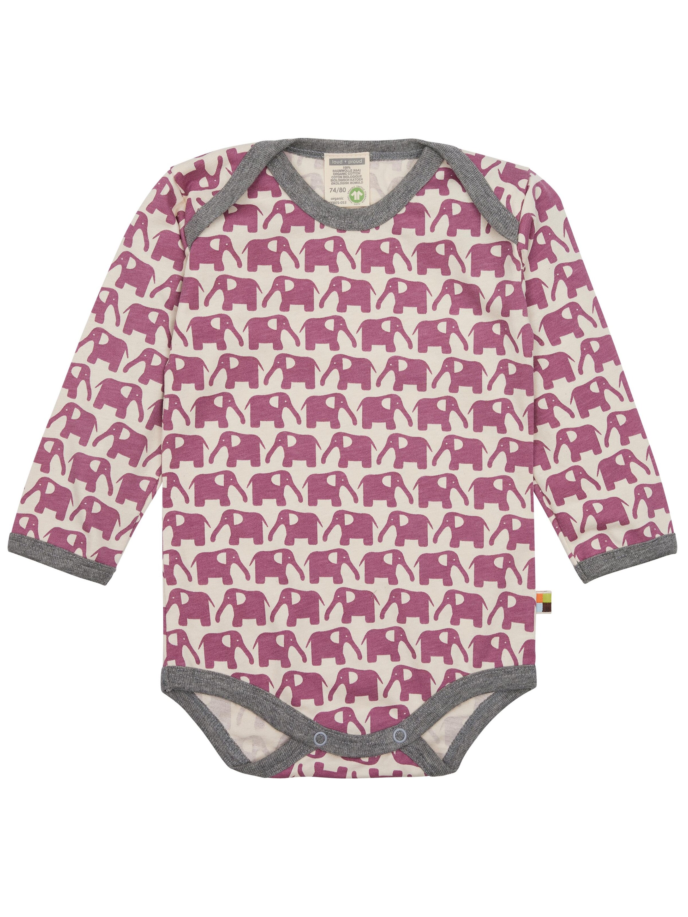 loud + proud Strampler/Body 'Elefanten'‌‌ in Lila: Vorderseite