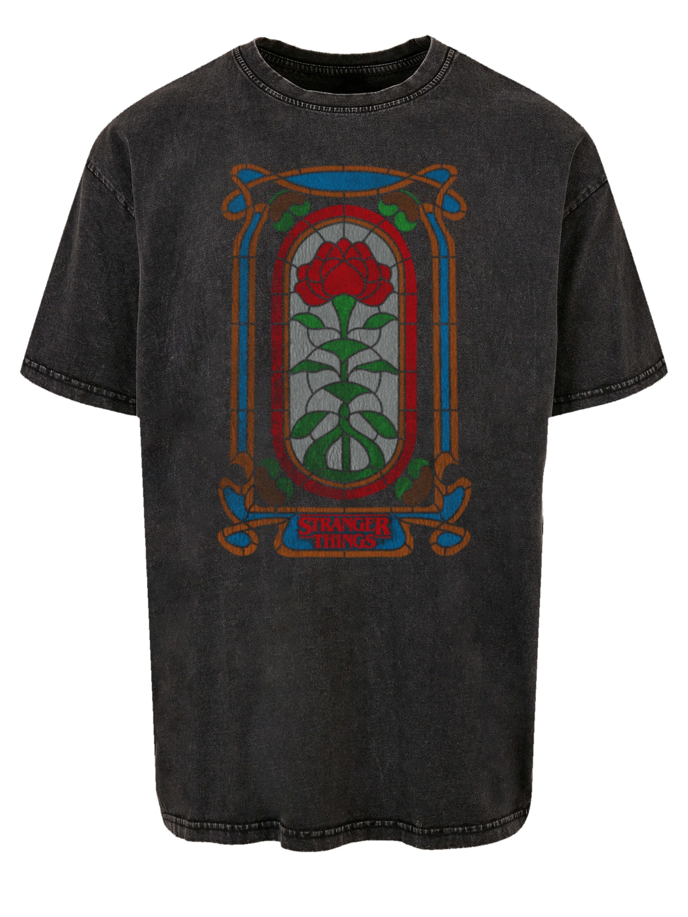 F4NT4STIC Shirt 'Stranger Things Rose Window Netflix TV Series' in Zwart: voorkant