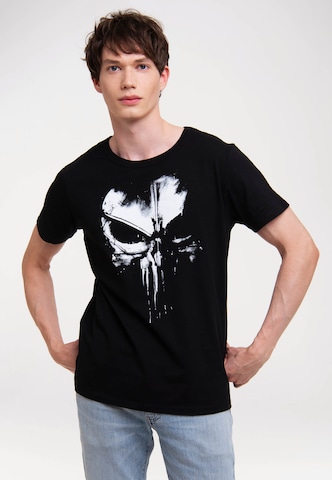 LOGOSHIRT Shirt 'Marvel - Punisher Techno Skull' in Zwart: voorkant