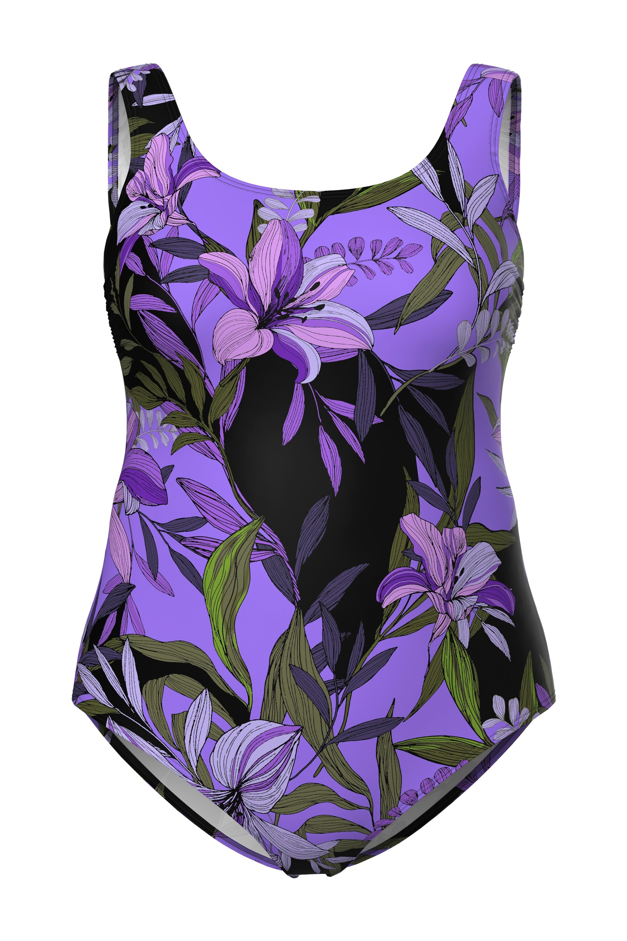 Ulla Popken Badeanzug in grün / lila / lavendel / schwarz, Produktansicht