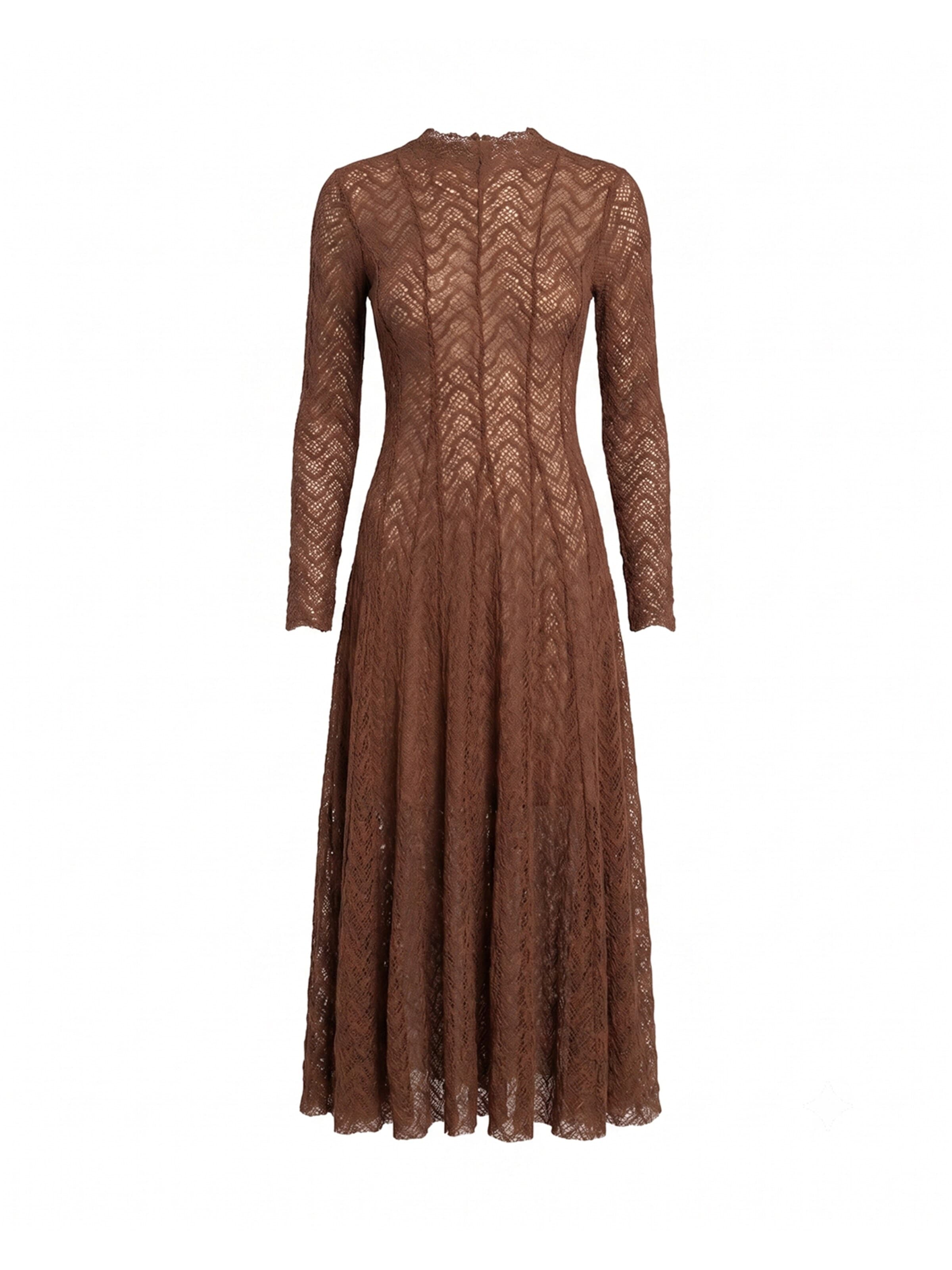 Tantra Evening Dress 'Vestido largo de manga larga  de encaje con textura, falda de vuelo con pinzas (BROWN)' in Brown: front