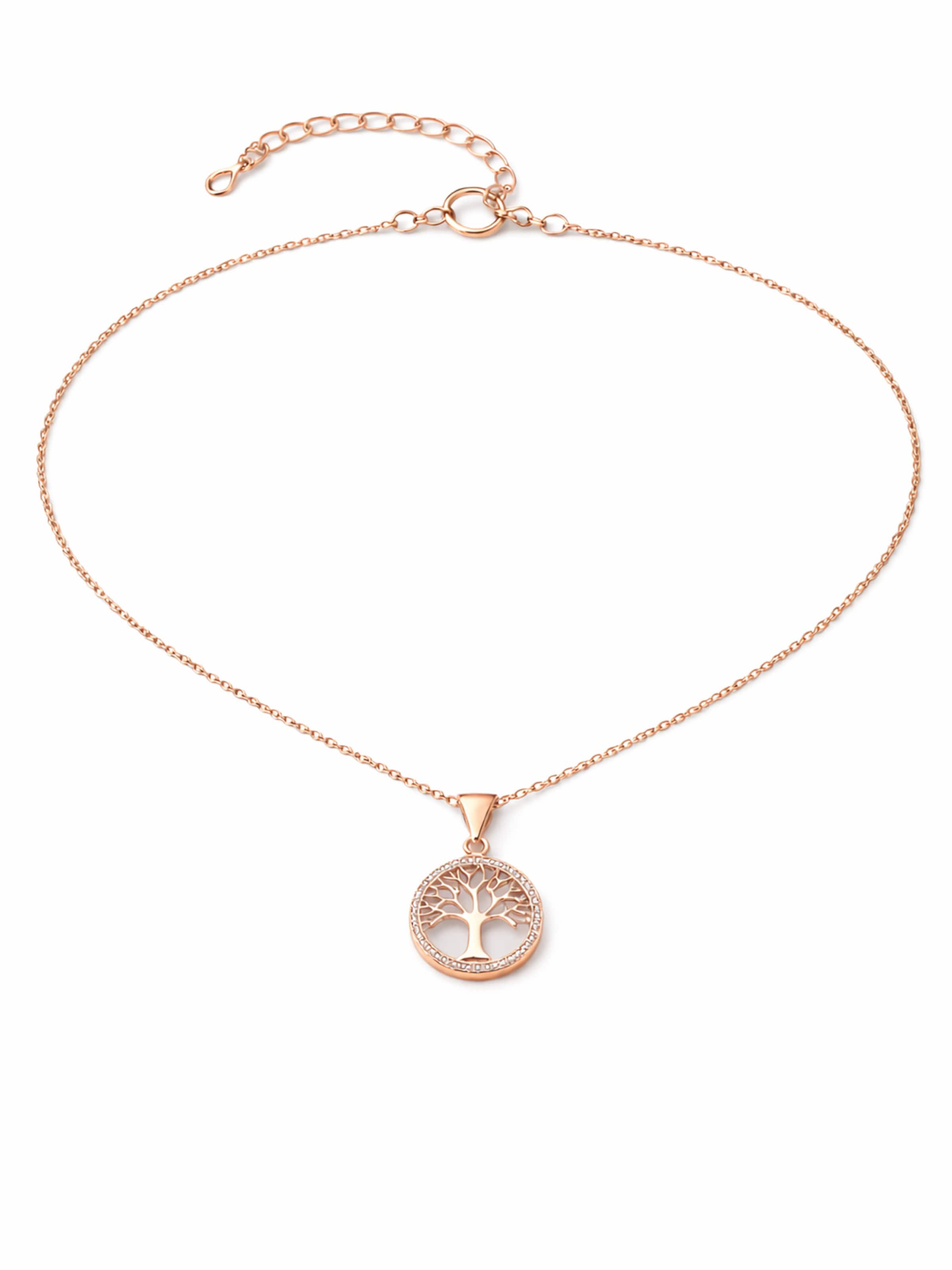 Staufergold Kette 'Kette „Wurzelliebe“ – Lebensbaum-Anhänger mit zartem Pavé-Rand'‌‌‌‌‌‌‌ in Pink