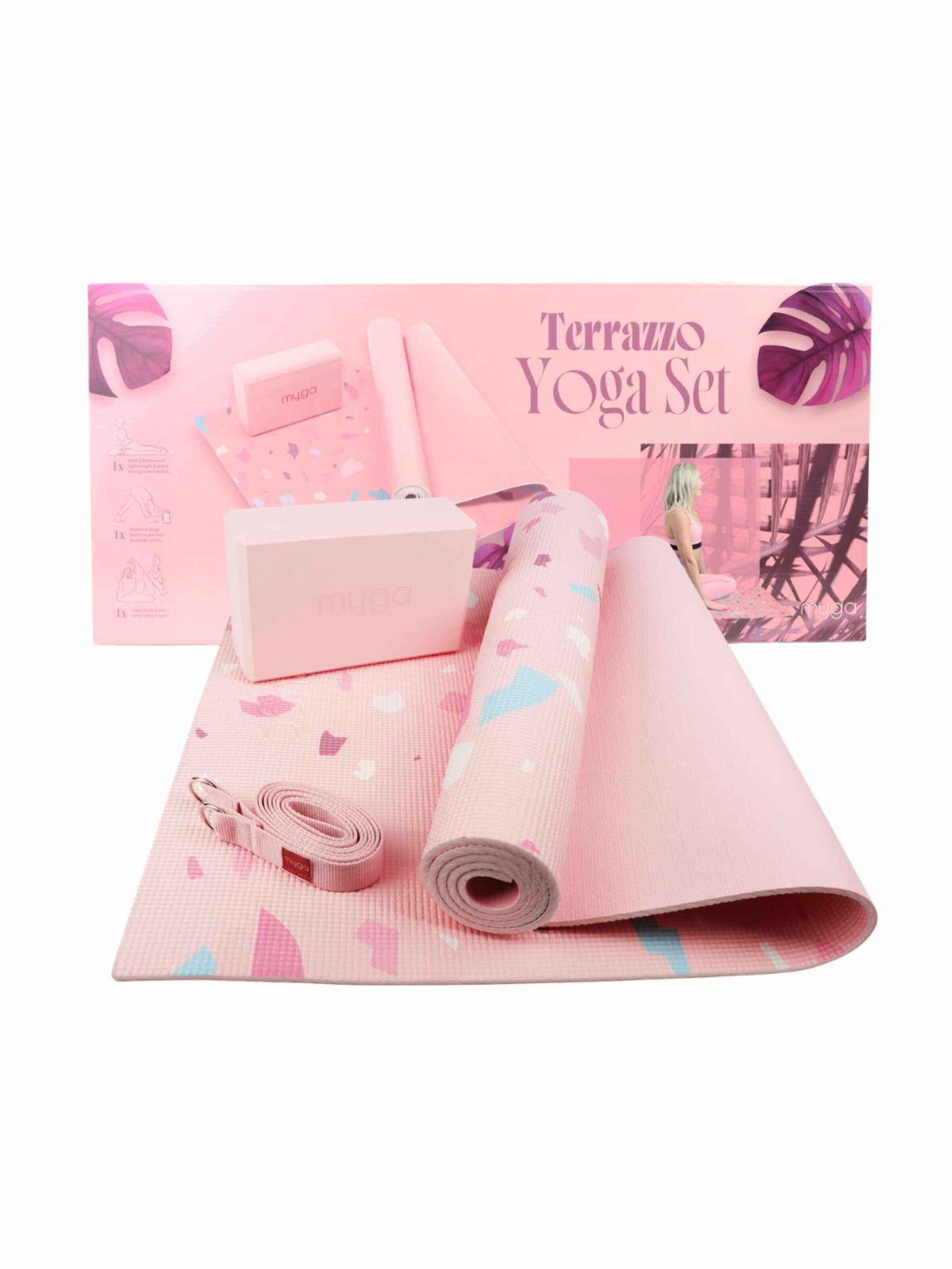 myga Mat 'Yoga-Einsteiger-Set - Terrazzo Design' in Pink