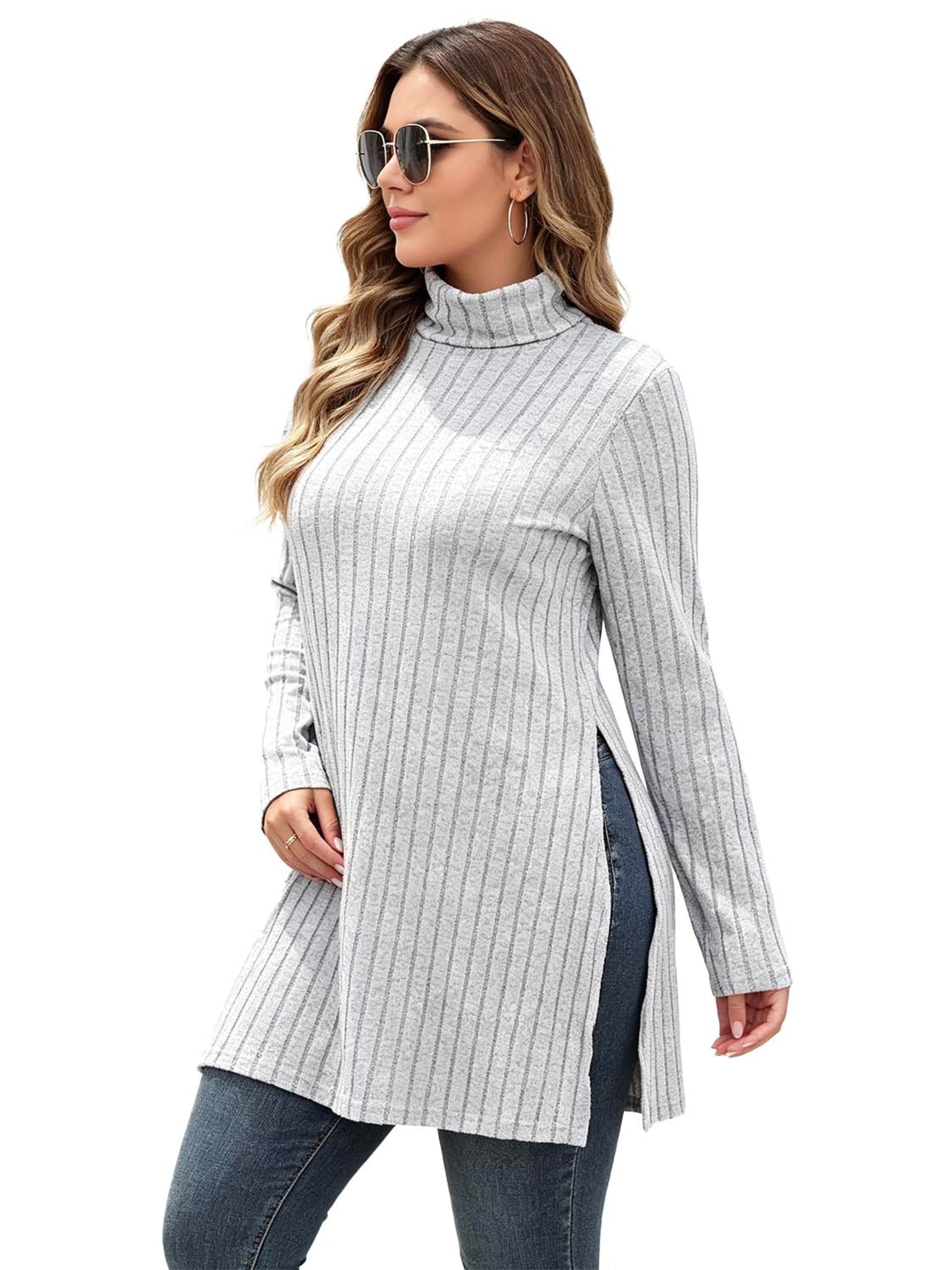 KoJooin Bluzka 'Damen Plus Size Tailliertes Longsleeve mit Stehkragen, Rippstruktur und Seitenschlitzen Basic-Shirt' w kolorze szary