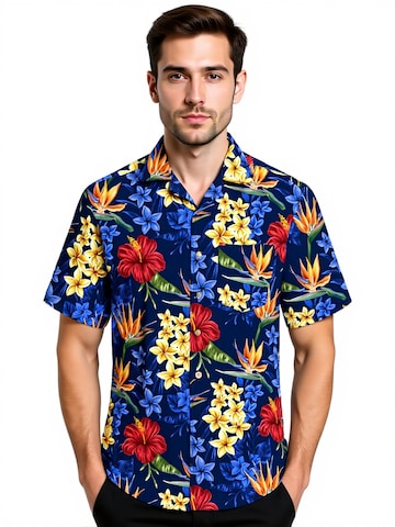 Hawaiihemdshop.de Regular fit Overhemd 'Flowerful Summer' in Blauw