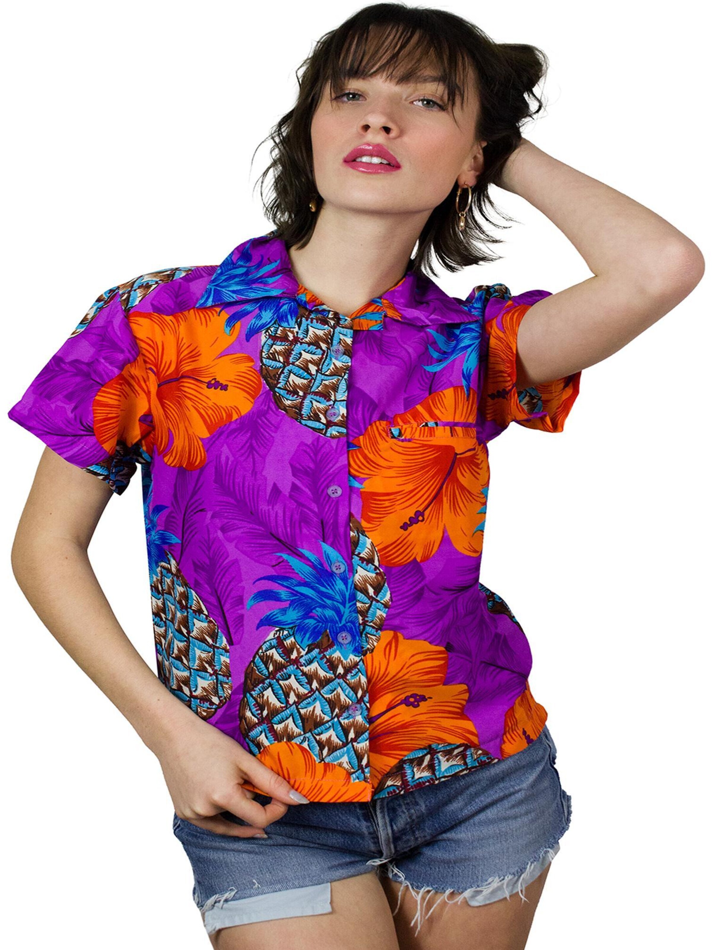 Camicia da donna 'Pineapple Hibiscus Shadow Line' di King Kameha in lilla: frontale