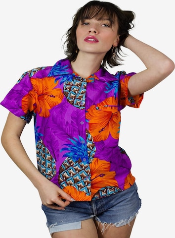 Camicia da donna 'Pineapple Hibiscus Shadow Line' di King Kameha in lilla: frontale