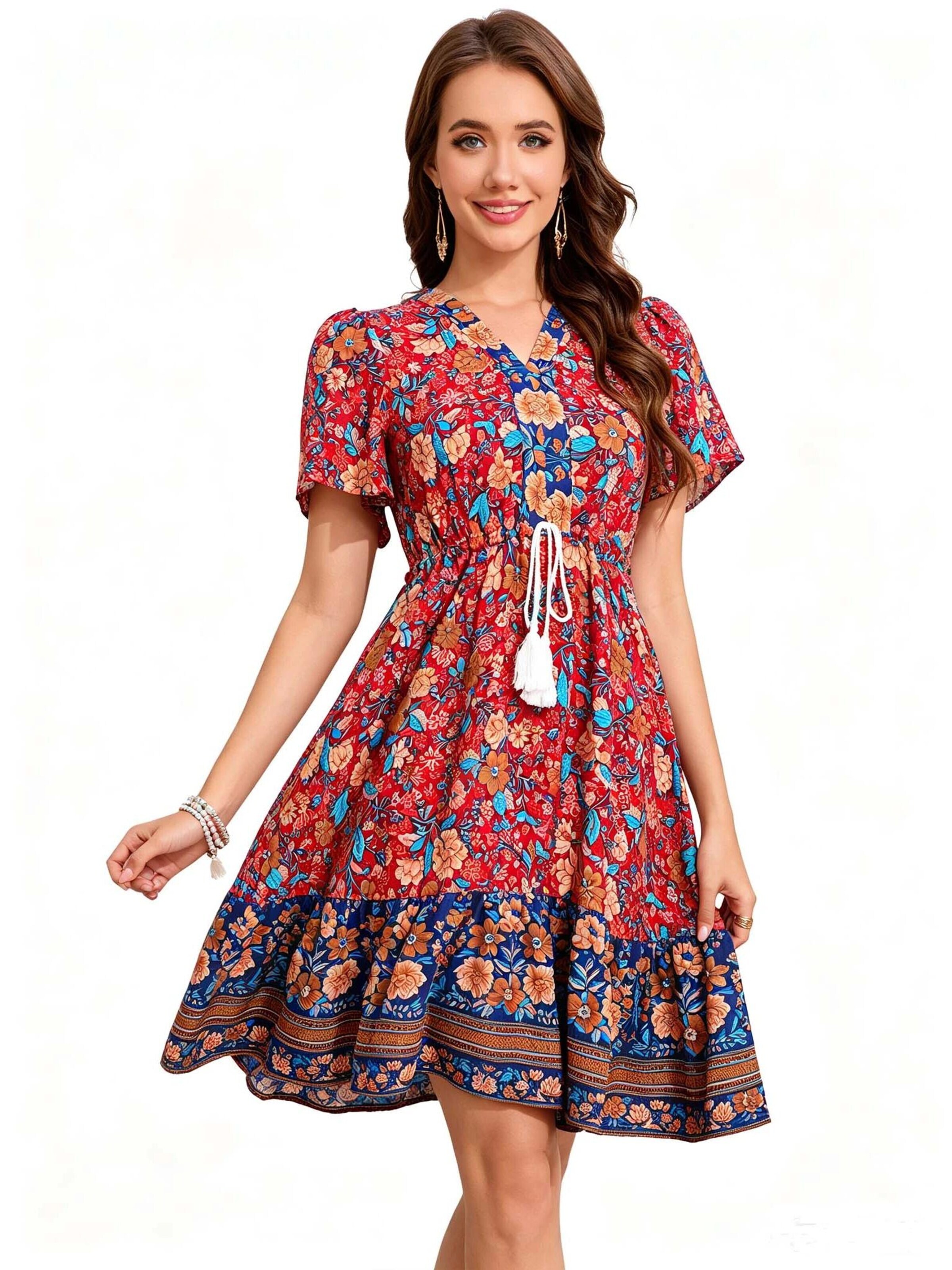 KoJooin Sukienka 'Damen Sommerkleid mit Kurzarm, platziertem Blumenprint und lässigem Boho-Look' w kolorze różowy