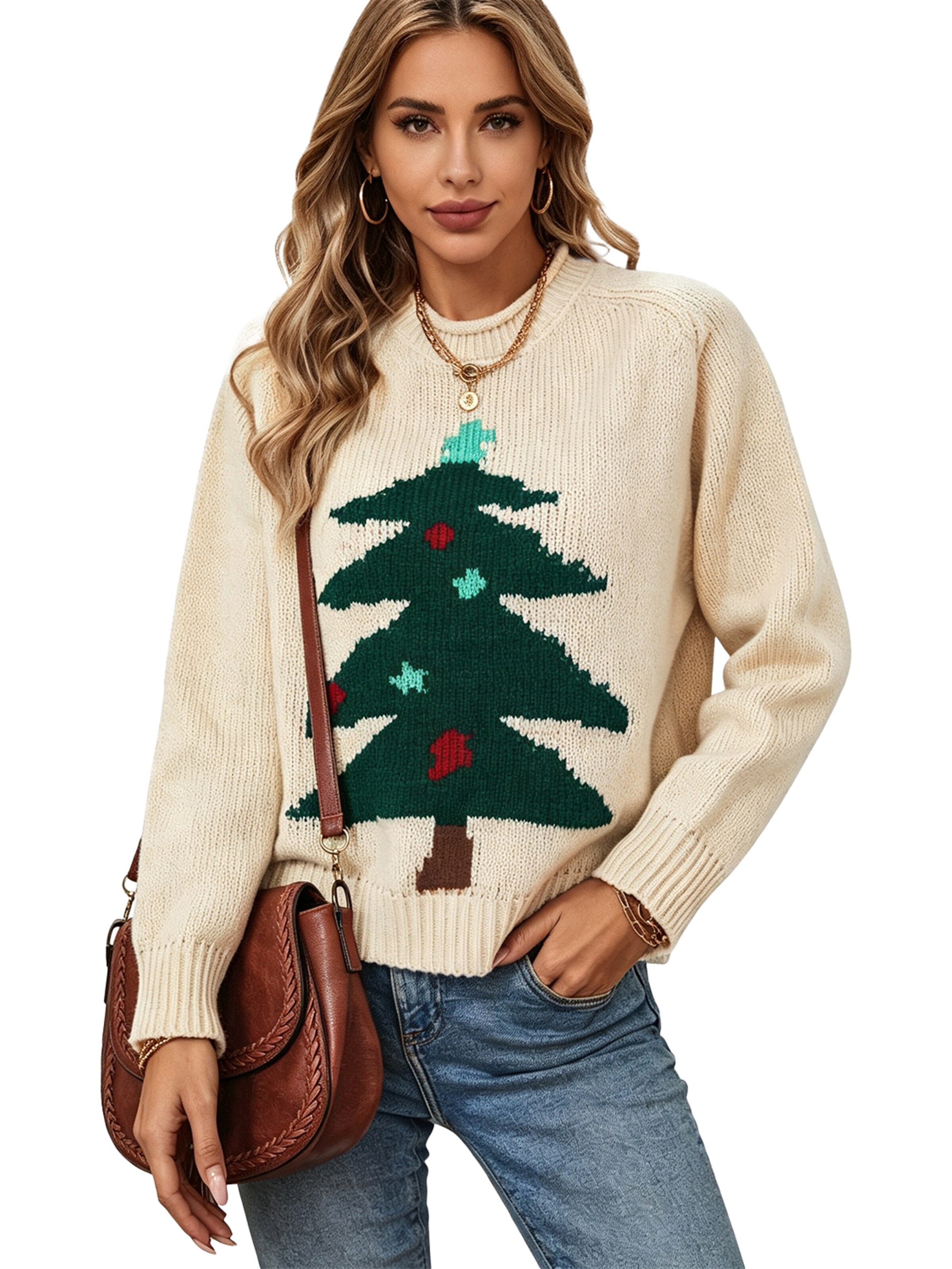 KoJooin Piżama 'Damen Ugly Christmas Pullover mit Weihnachtsbaum-Motiv Longsleeve Strickpullover für Festliche' w kolorze pomarańczowy
