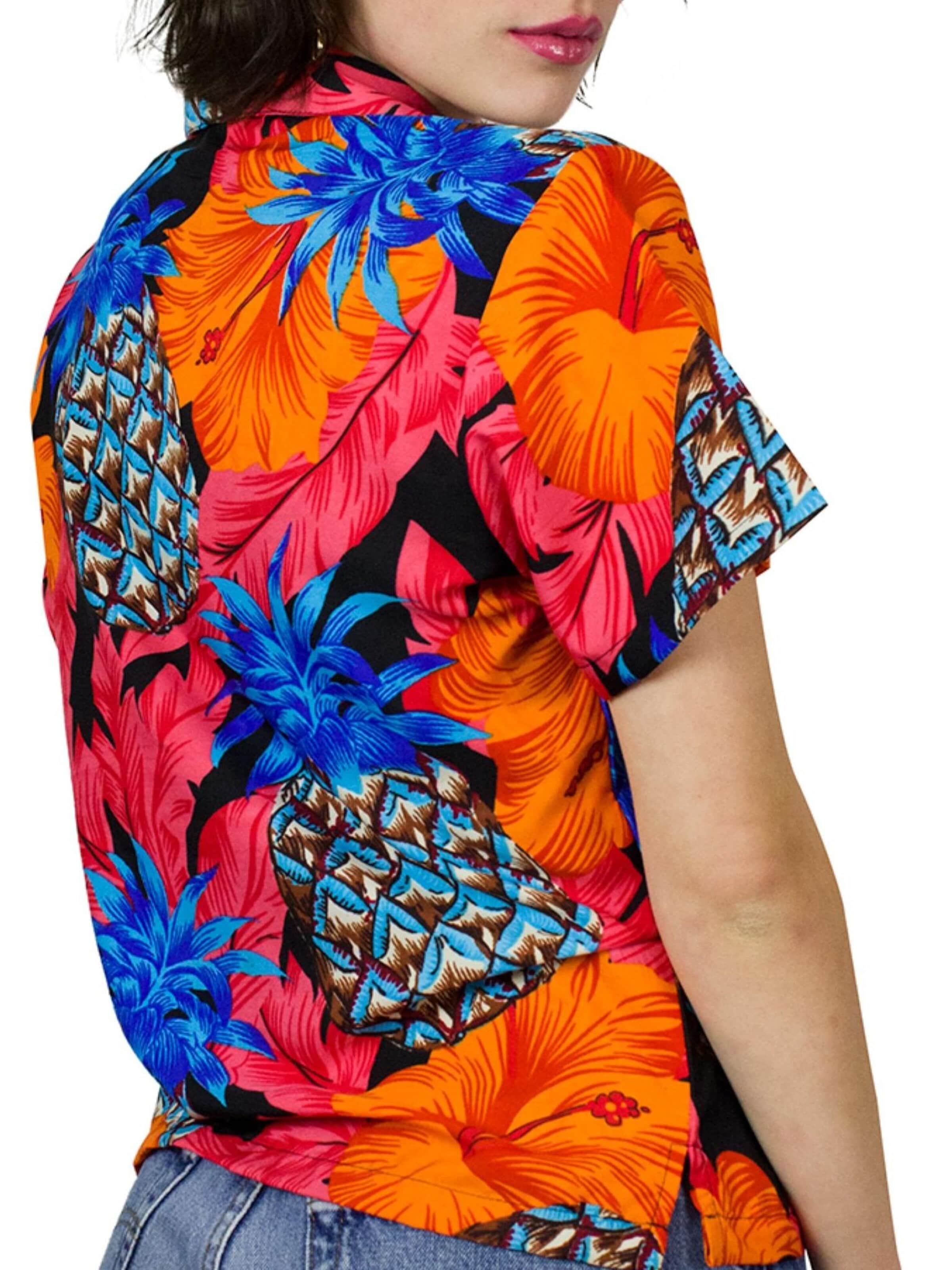 Camicia da donna 'Pineapple Hibiscus Black Line' di King Kameha in rosso