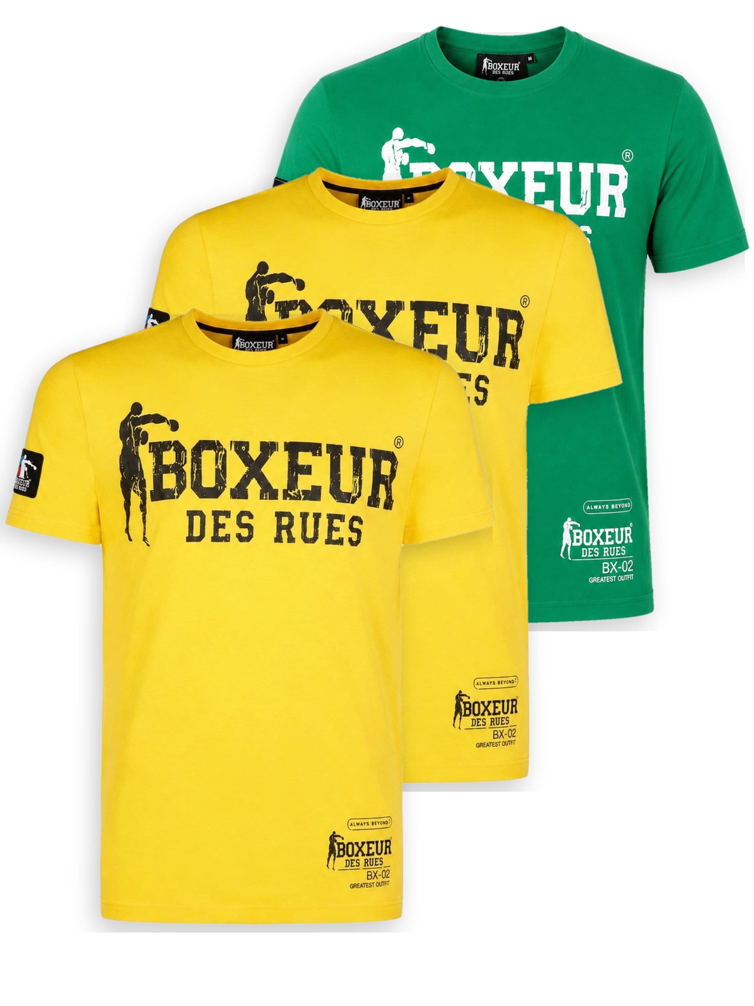 Boxeur des Rues Shirt 'Herren T-Shirt 3er-Pack Boxeur des Rues Slim Fit: 2 x Gelb, Schwarzes Logo + Grasgrün, Weißes Logo'‌‌‌‌‌ in XL/Regular in mischfarben, Produktansicht