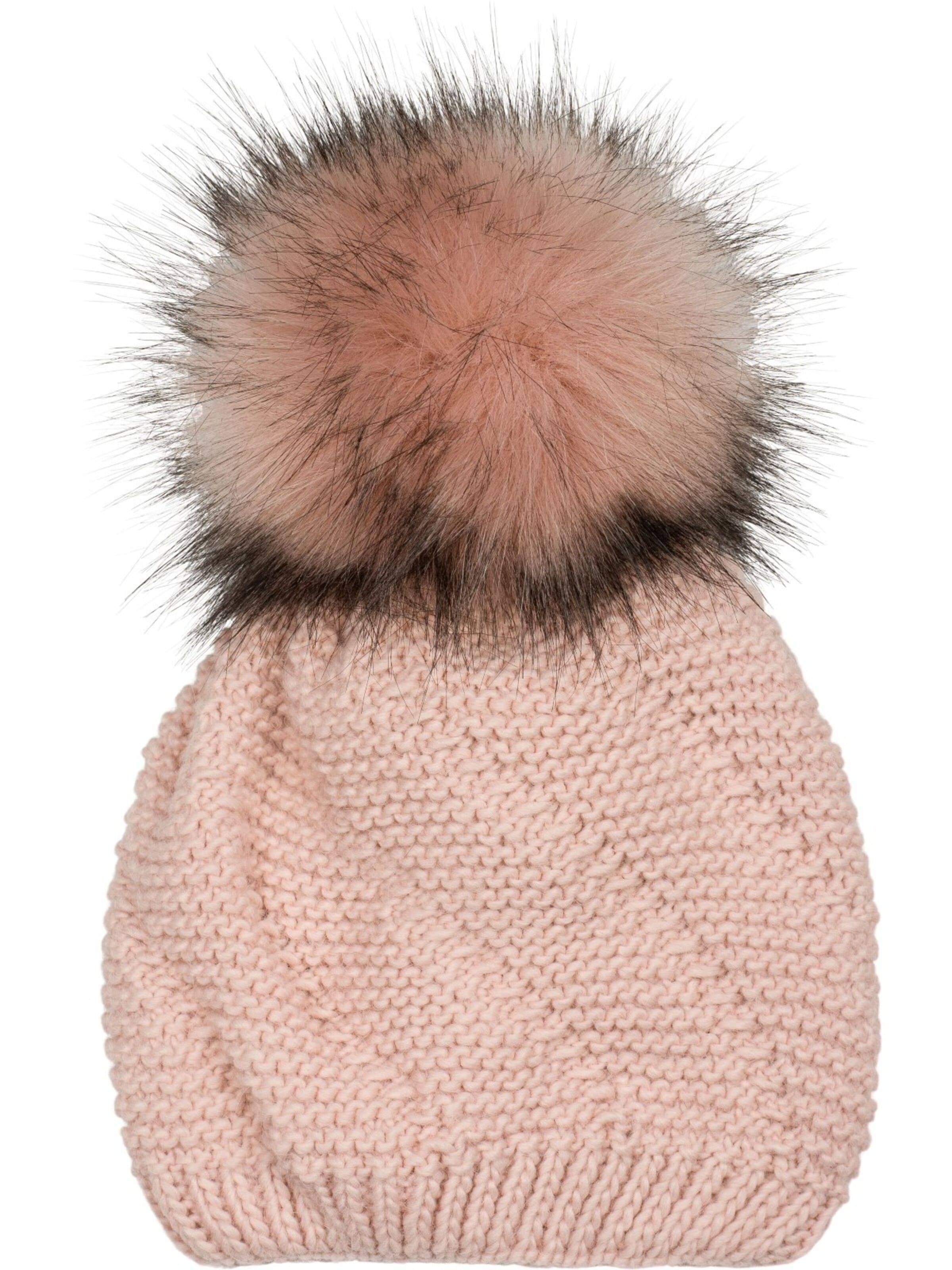 styleBREAKER Mütze 'Einfarbige Strick Bommelmütze mit Thermo-Fleece'‌‌‌‌ in Pink: Vorderseite