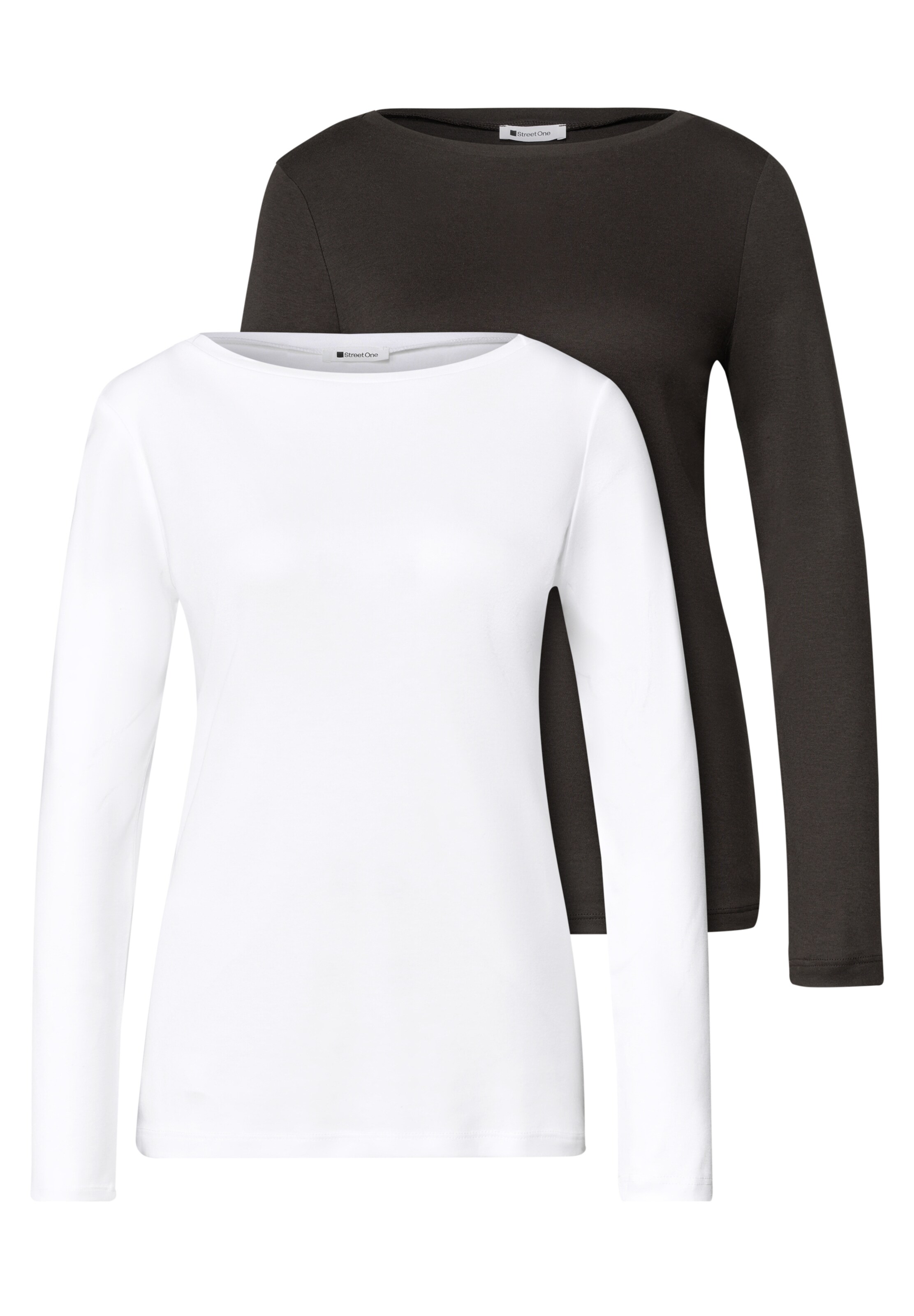 STREET ONE Langarm Shirts mit Boat Neck im 2er-Pack in XS in dunkelbraun / weiß, Produktansicht