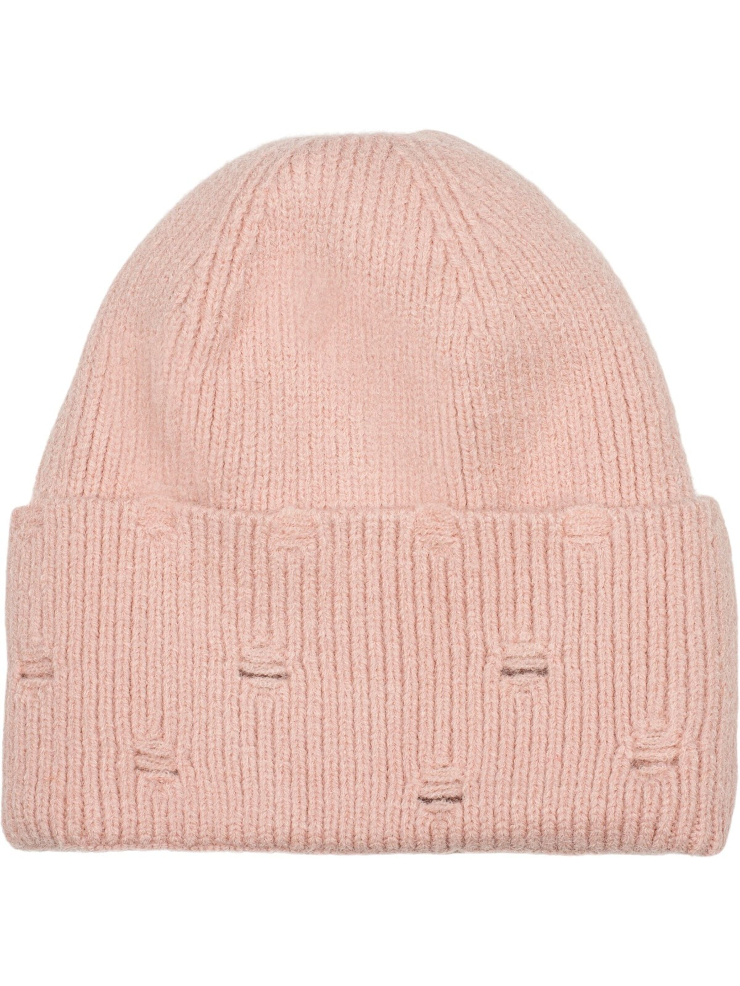 styleBREAKER Mütze 'Strickmütze mit Rippenmuster und Rissen'‌‌‌‌‌‌‌‌‌‌ in Pink: Vorderseite