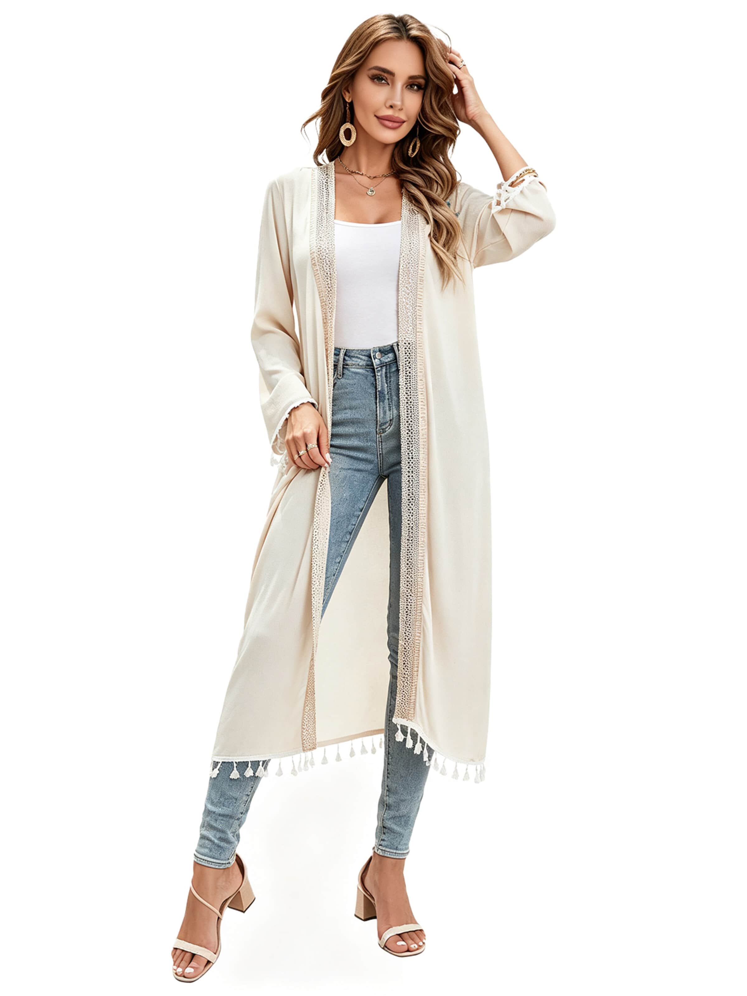 KoJooin Kardigan oversize 'Damen Langarm Cardigan in Unifarben mit Fransen Spitzenbesatz Langer,Lässiger Oversize Strickmantel' w kolorze pomarańczowy