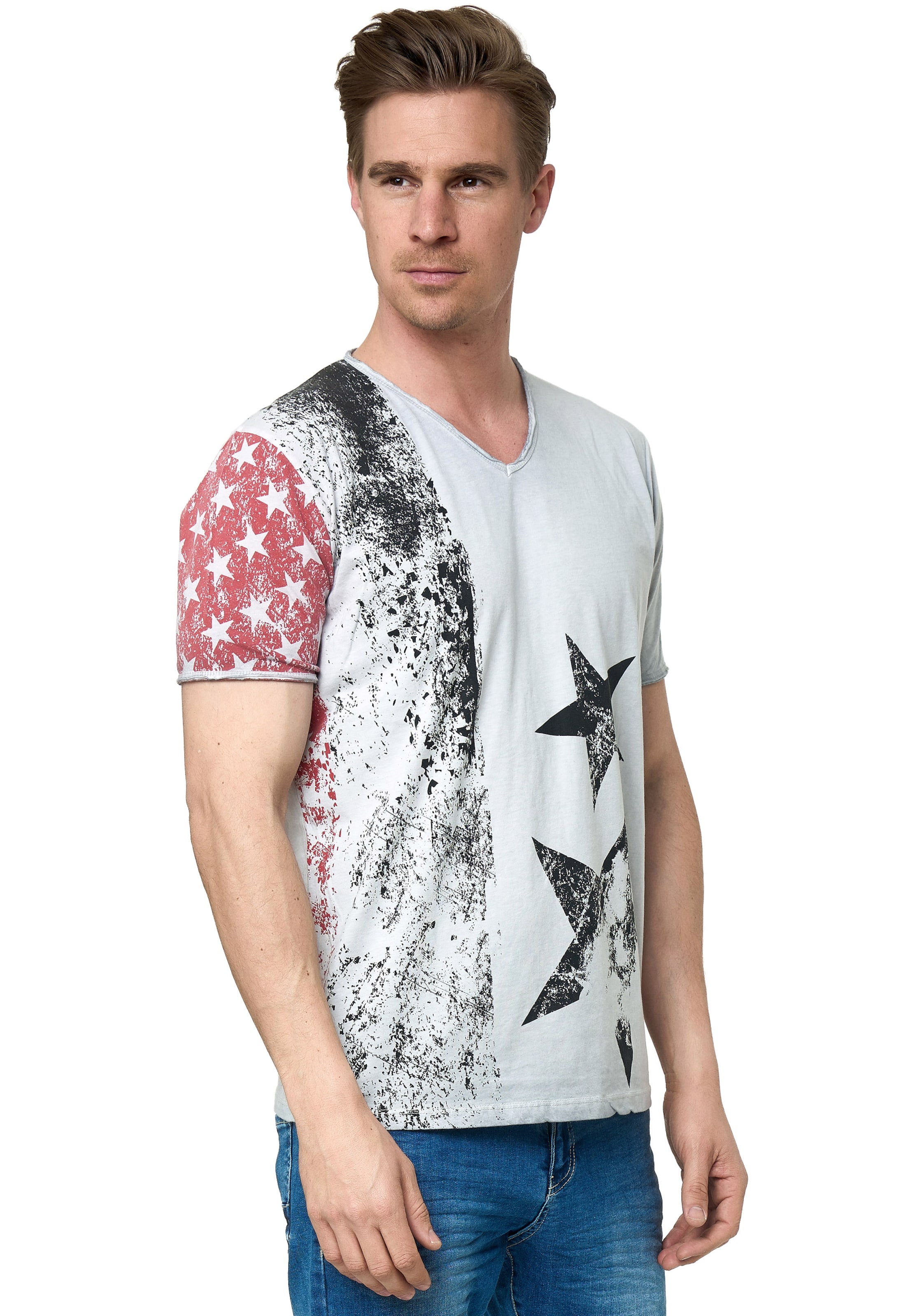 Männer Große Größen Rusty Neal Cooles T-Shirt mit V-Ausschnitt in Weiß - RU79576