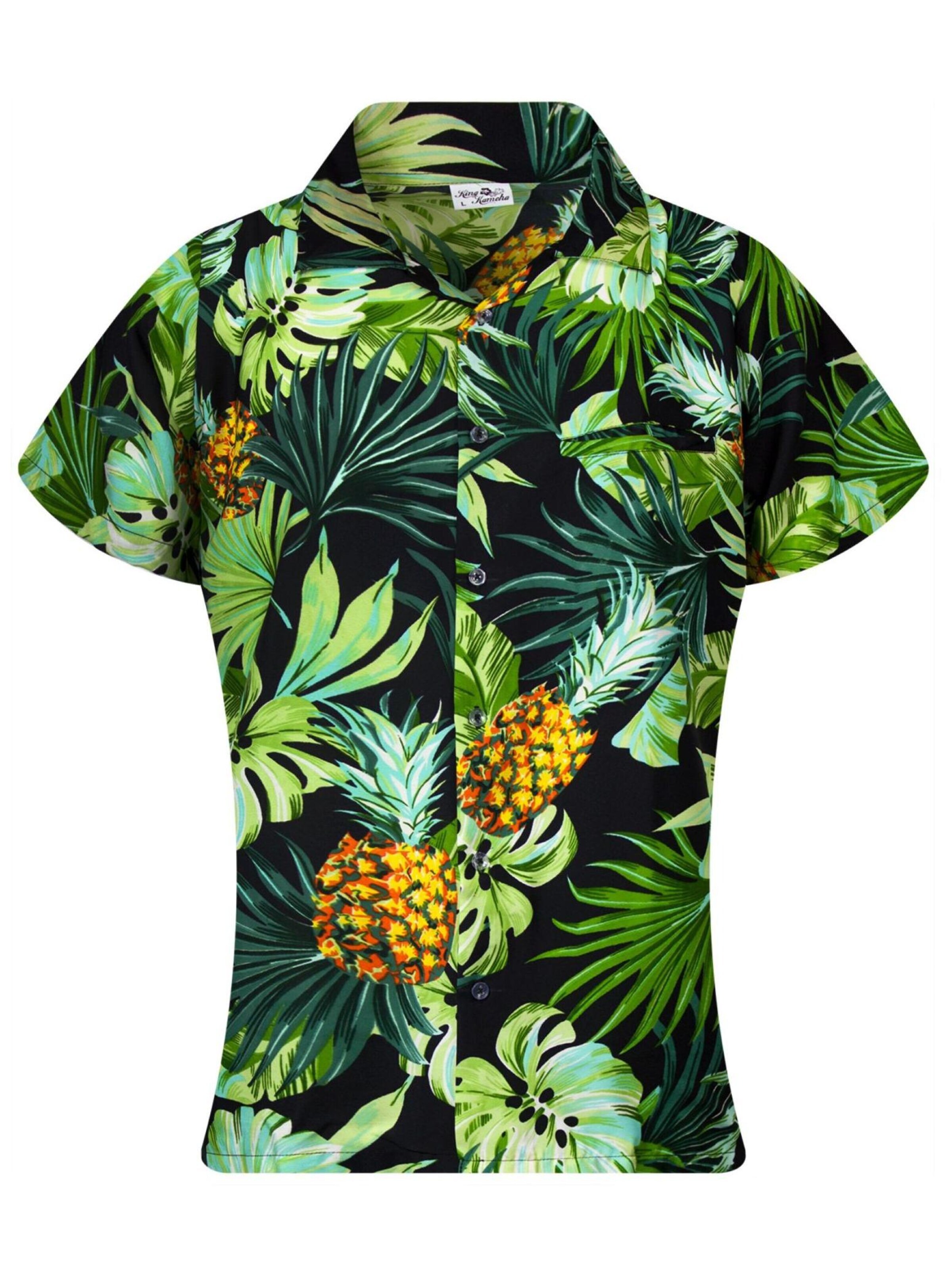 King Kameha Blouse 'Pineapple Leaves' in Black: front