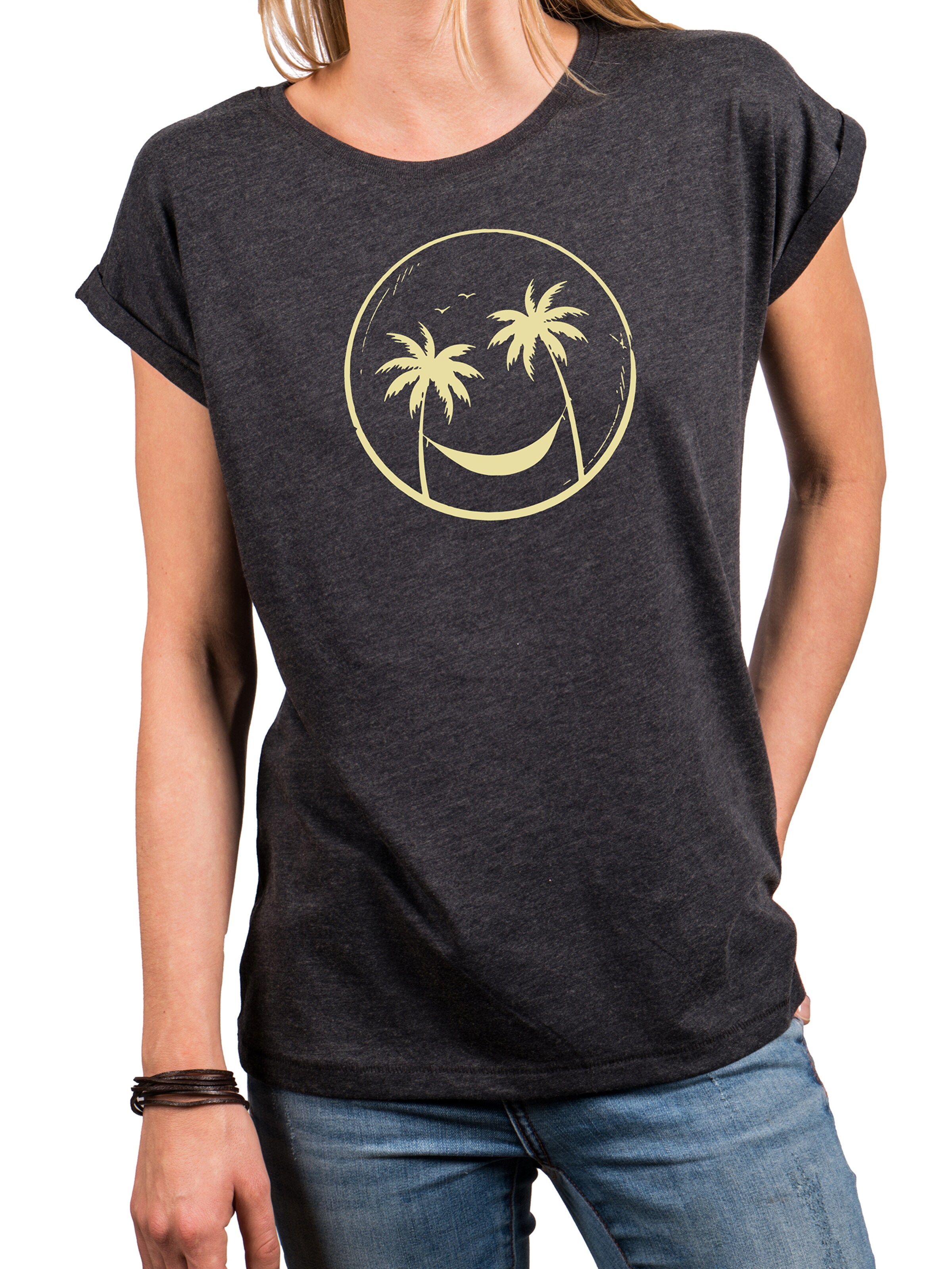 MAKAYA Shirt 'Palmen Happy Face' in Grey