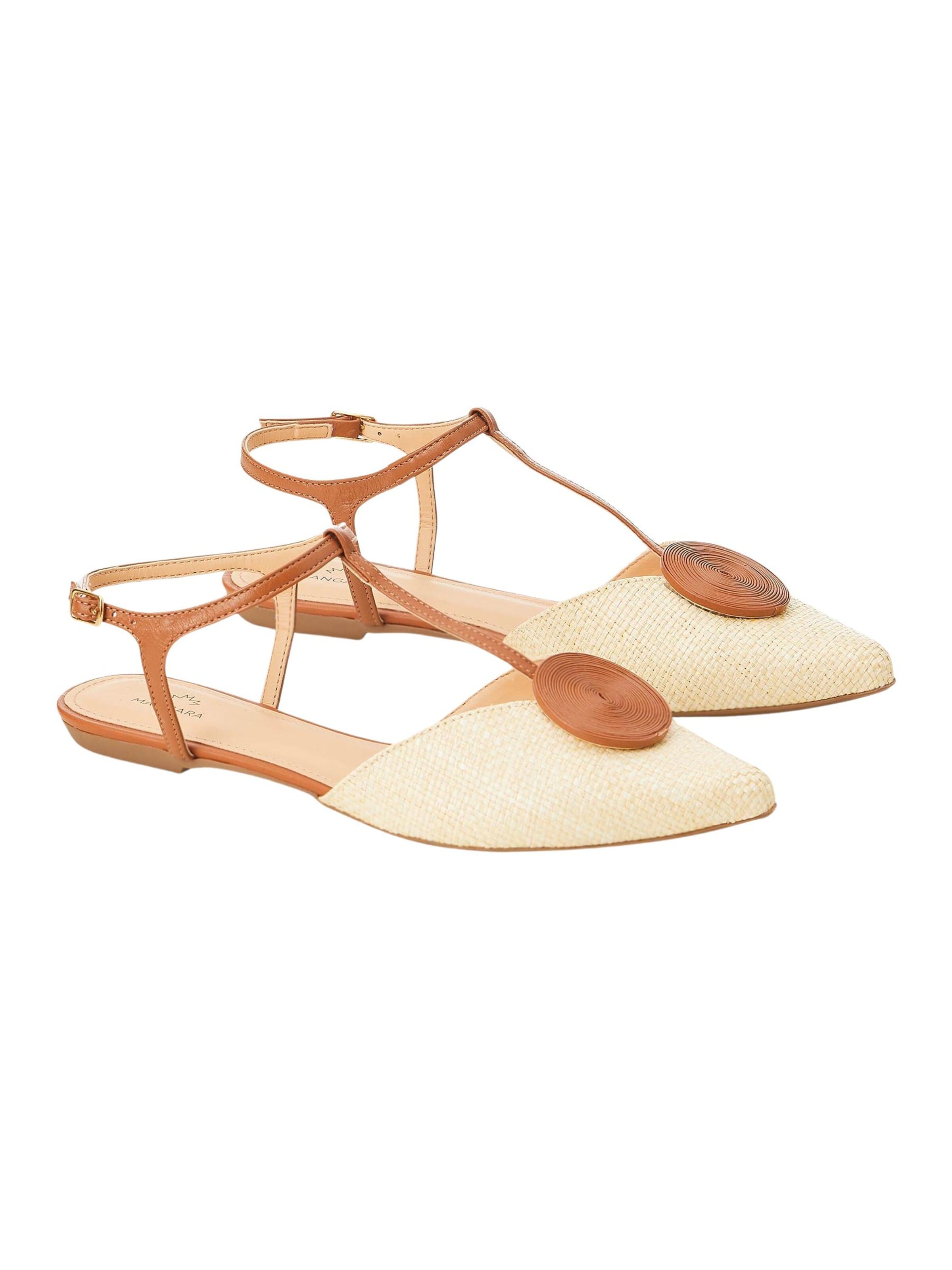 Mangara Atelier Teenslipper 'Acerola Damen T-Bar Sandalen Raffia Leder Beige Flach' in Beige