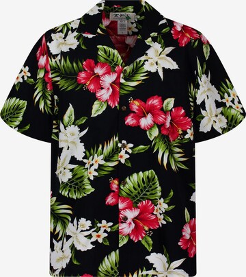 KY's Hemd 'Hibiskus Allover' in Schwarz: Vorderseite