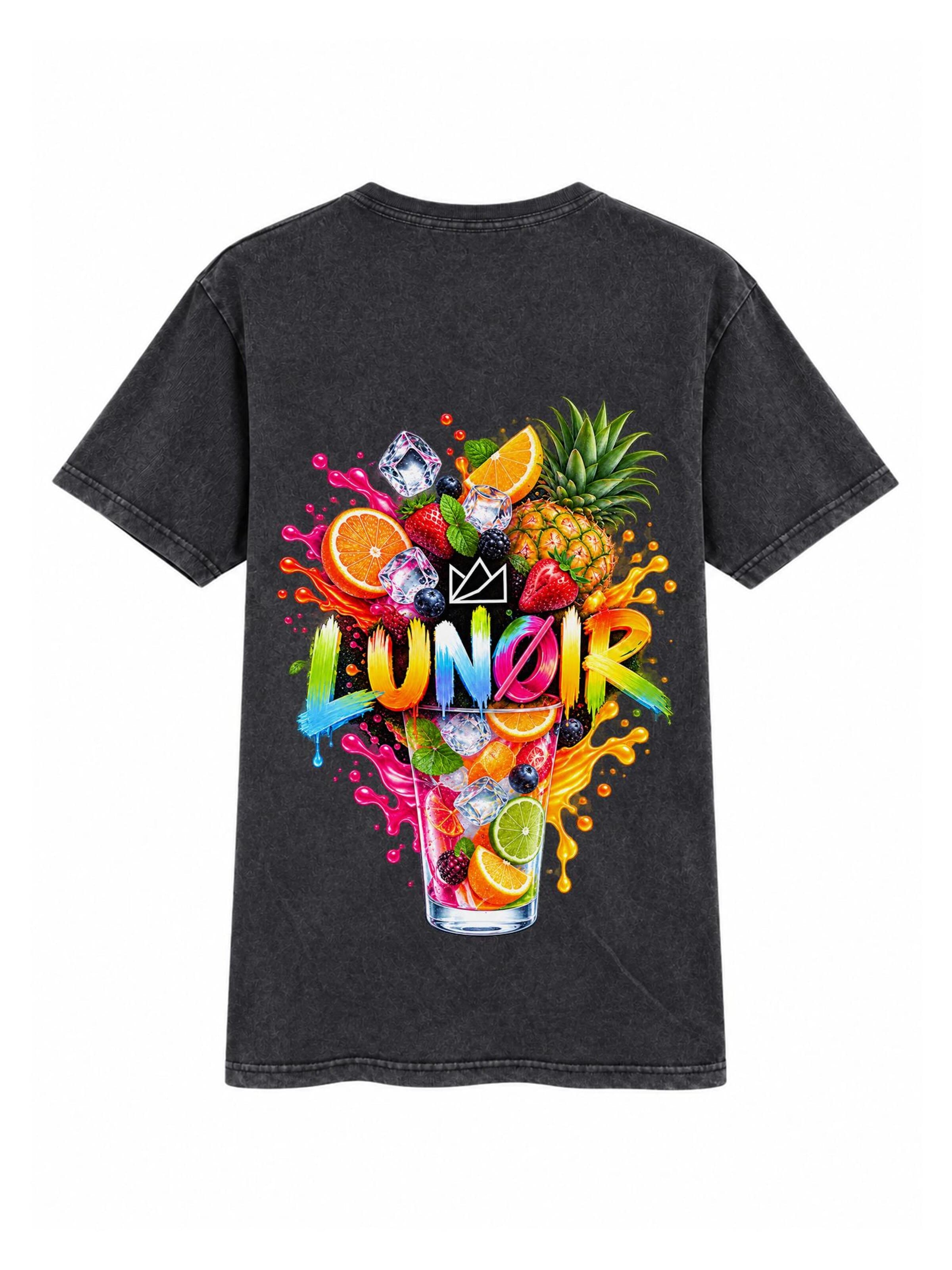 LUNØIR Studio Póló 'Tropical Riot – Fruit Splash' - fekete: elől