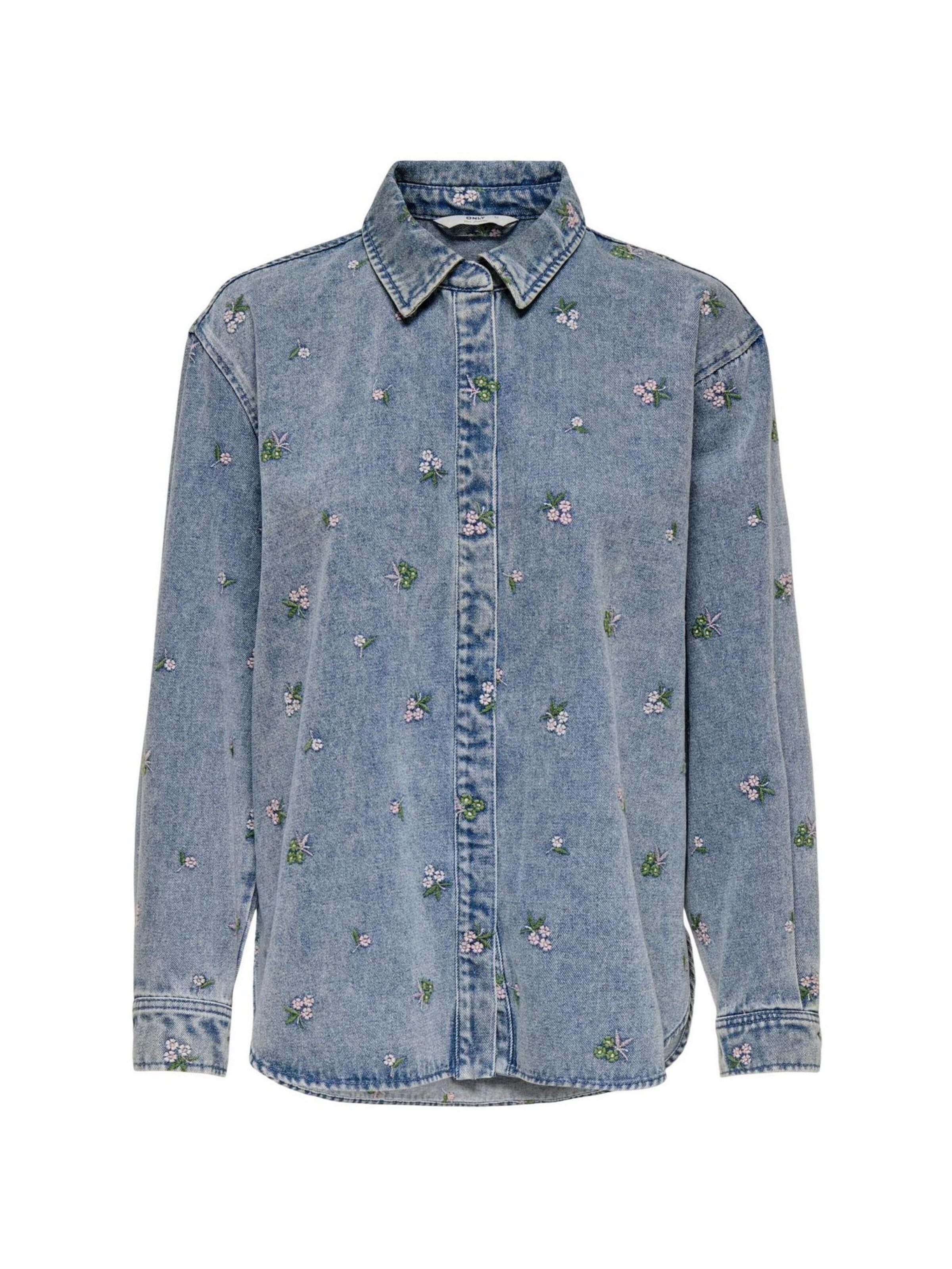 ONLY - Chaqueta de entretiempo 'Onlvera L/S Flower Emb Shirt Dnm Noos 15351977' en azul: frente