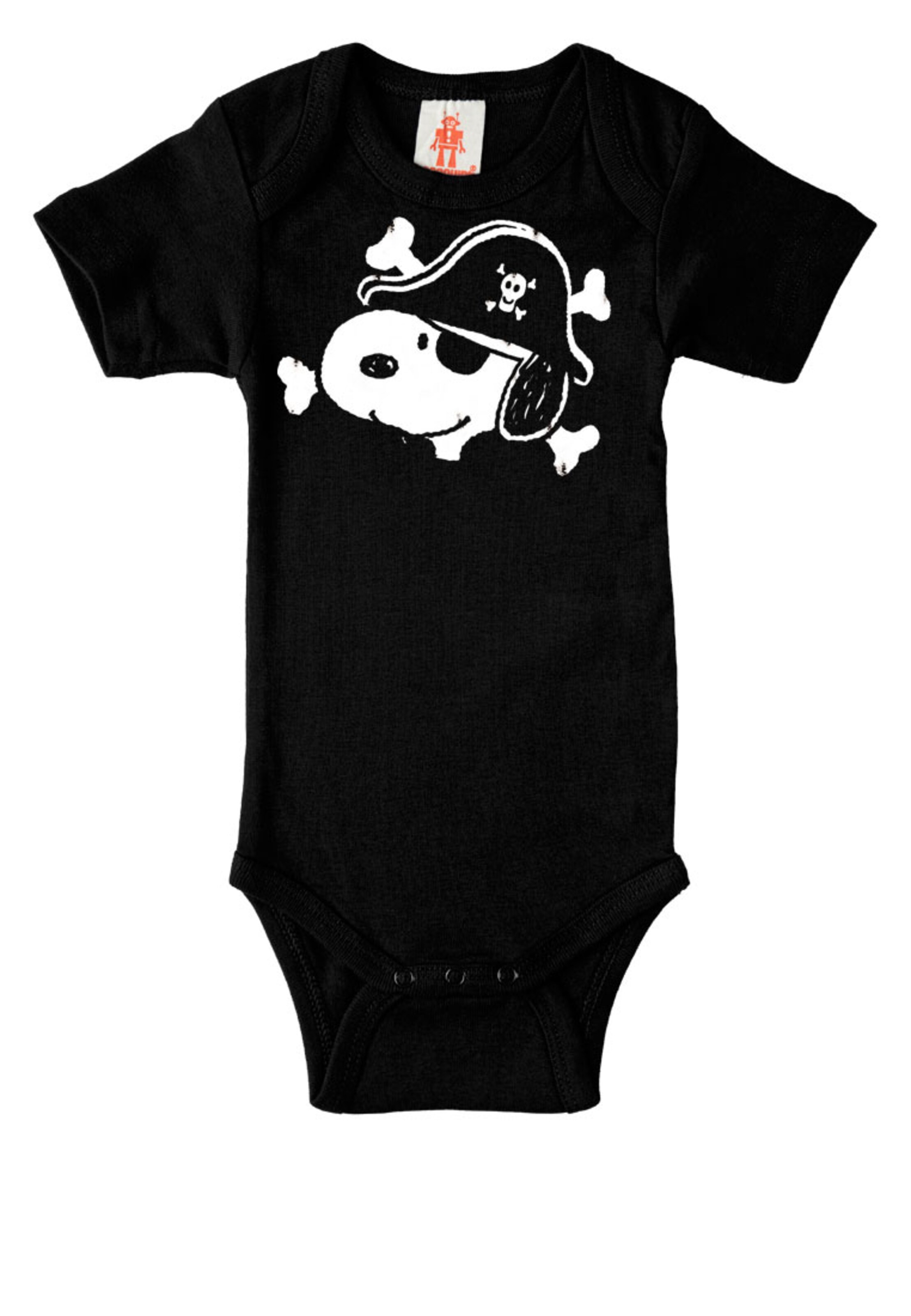LOGOSHIRT Baby-Body 'Peanuts Snoopy-Print' in Schwarz: Vorderseite