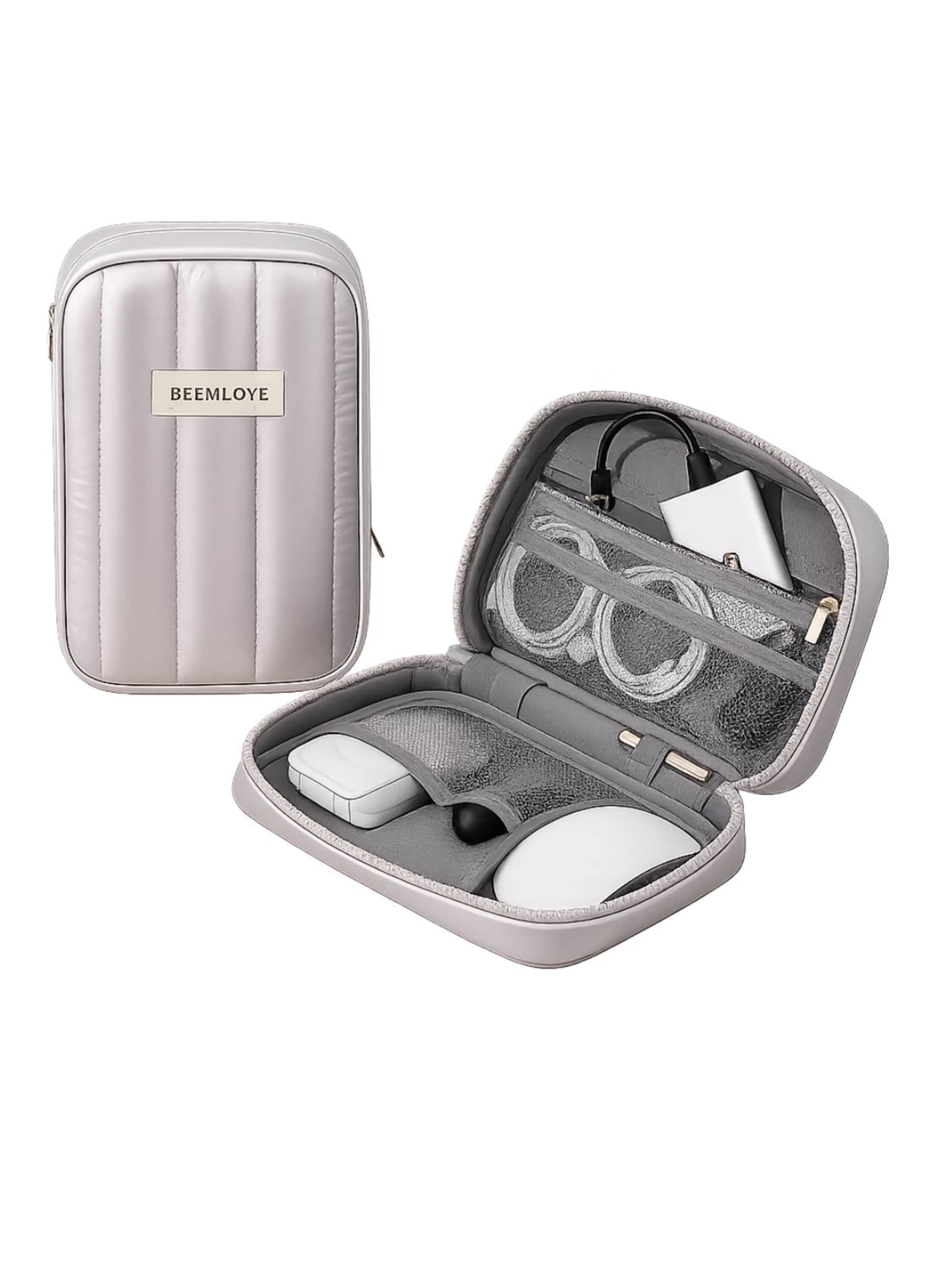 MEVYRA Reisetasche 'Gepolsterter Kabel Organizer (Kabeltasche) & Kosmetiktasche 2-in-1 – Wasserdichte Reisetasche für Technik & Make-up – 4 Farben, Recycelte Materialien, Robust, 19x24.5x9cm'‌‌‌‌‌‌ in Silber: Vorderseite