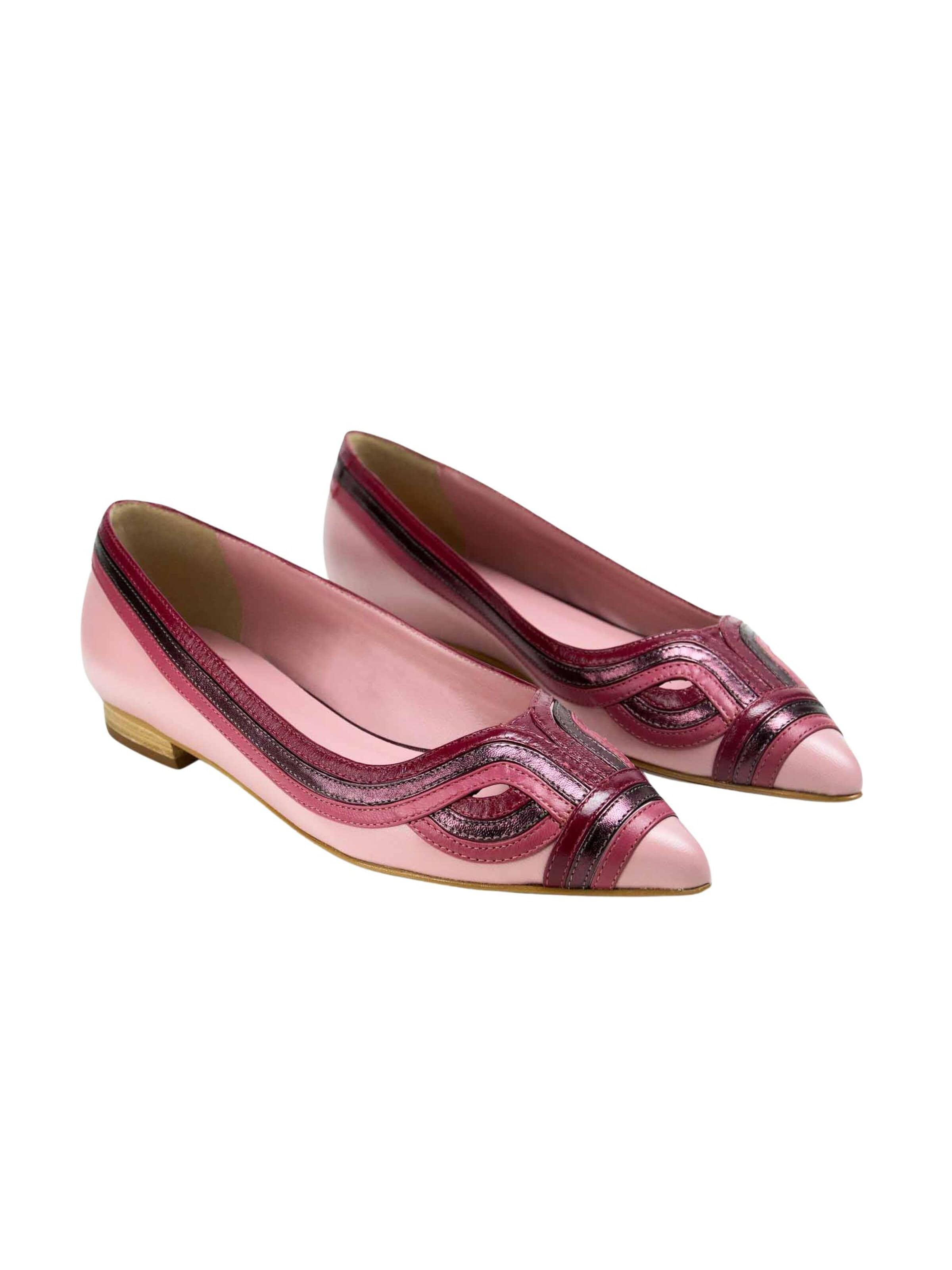 Mangara Atelier Ballerina 'Begonia Damen Ballerinas Leder Rose Flach Gestreift' in Roze