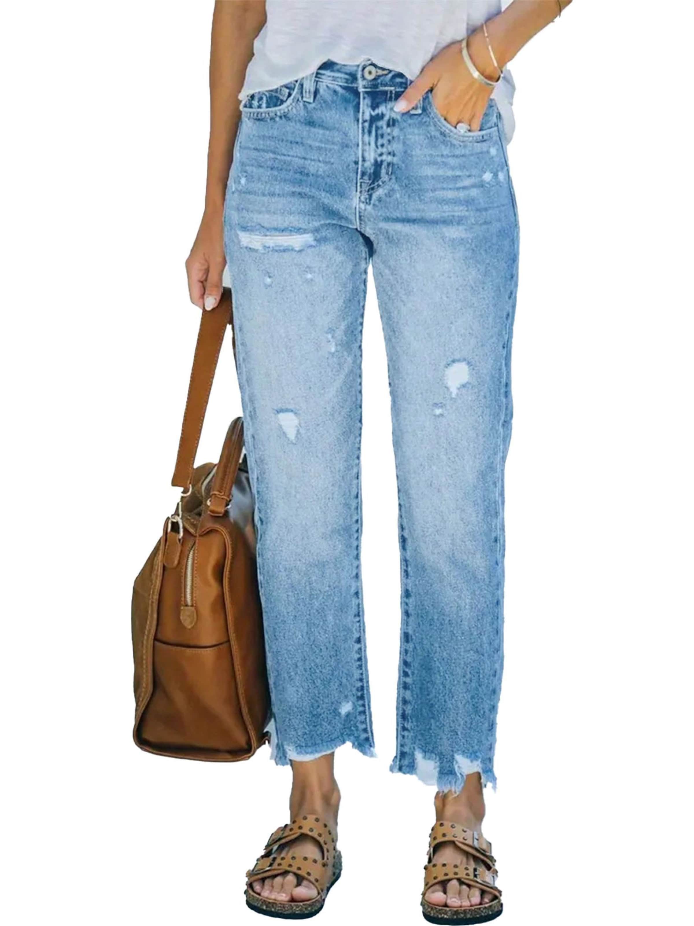 KoJooin Regular Jeans 'Damen 7/8 Straight Leg Jeans mit Used-Effekten und lässigen Destroyed-Details' in Blue