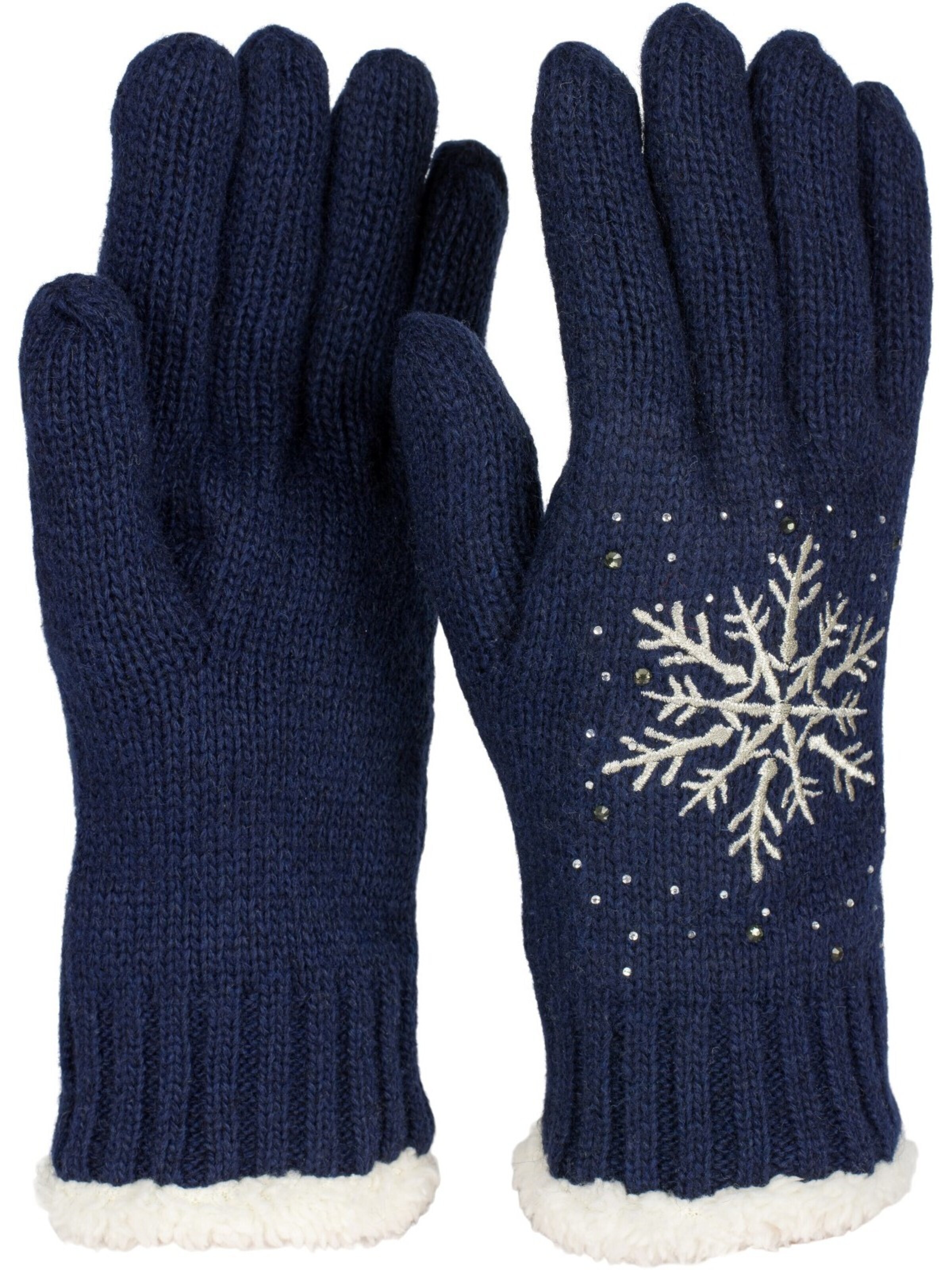 styleBREAKER Fingerhandschuhe 'Strickhandschuhe mit Schneeflocke, Strass und Fleece'‌‌ in XS-XL in dunkelblau, Produktansicht