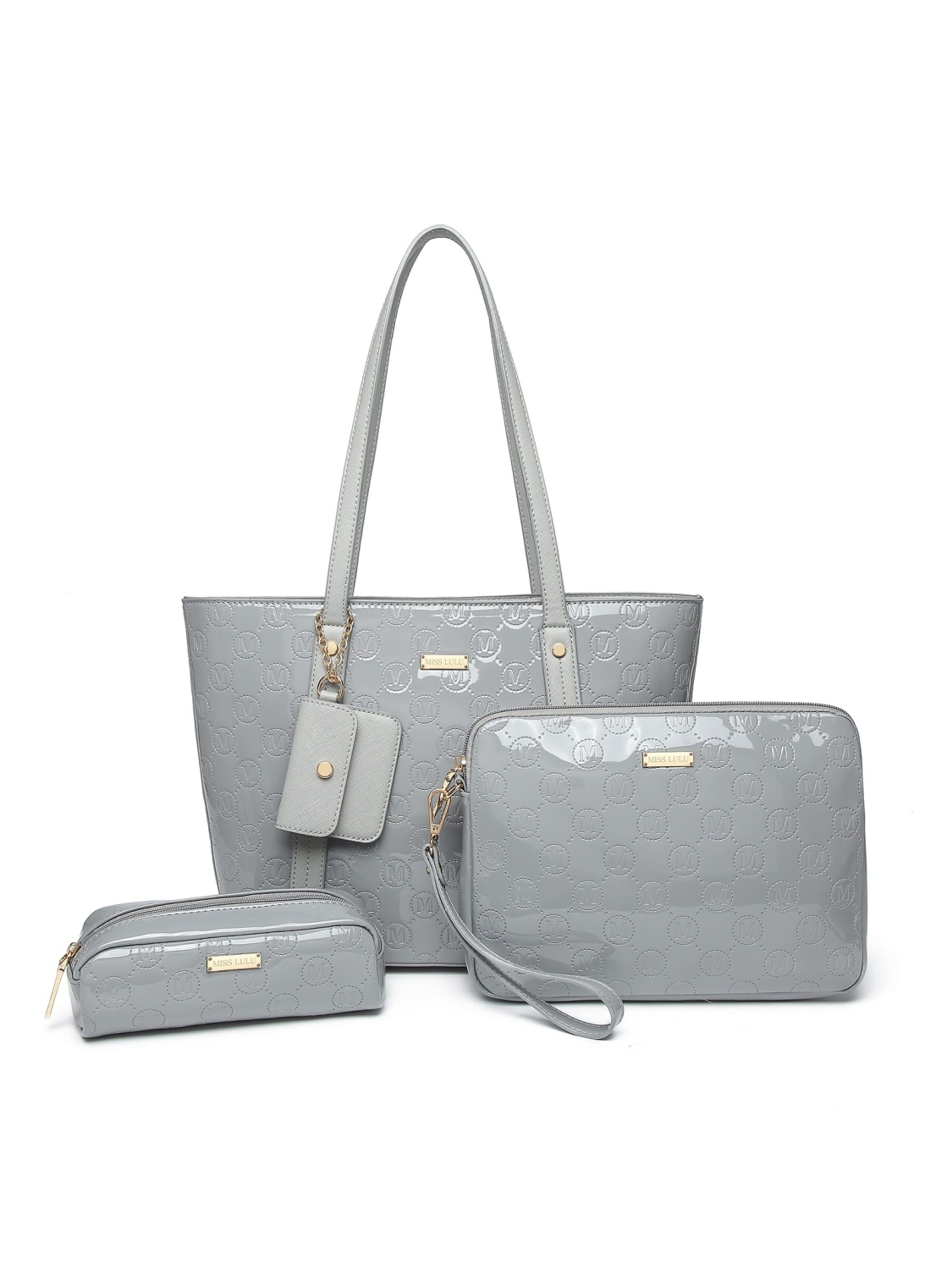 Miss Lulu Shoulder Bag 'Miss Lulu 4-teiliges Taschen-Set aus geprägtem PU-Leder 32×10×27cm mit Clutch, Kosmetiktasche & Münzetui für Büro & Alltag' in Grey: front