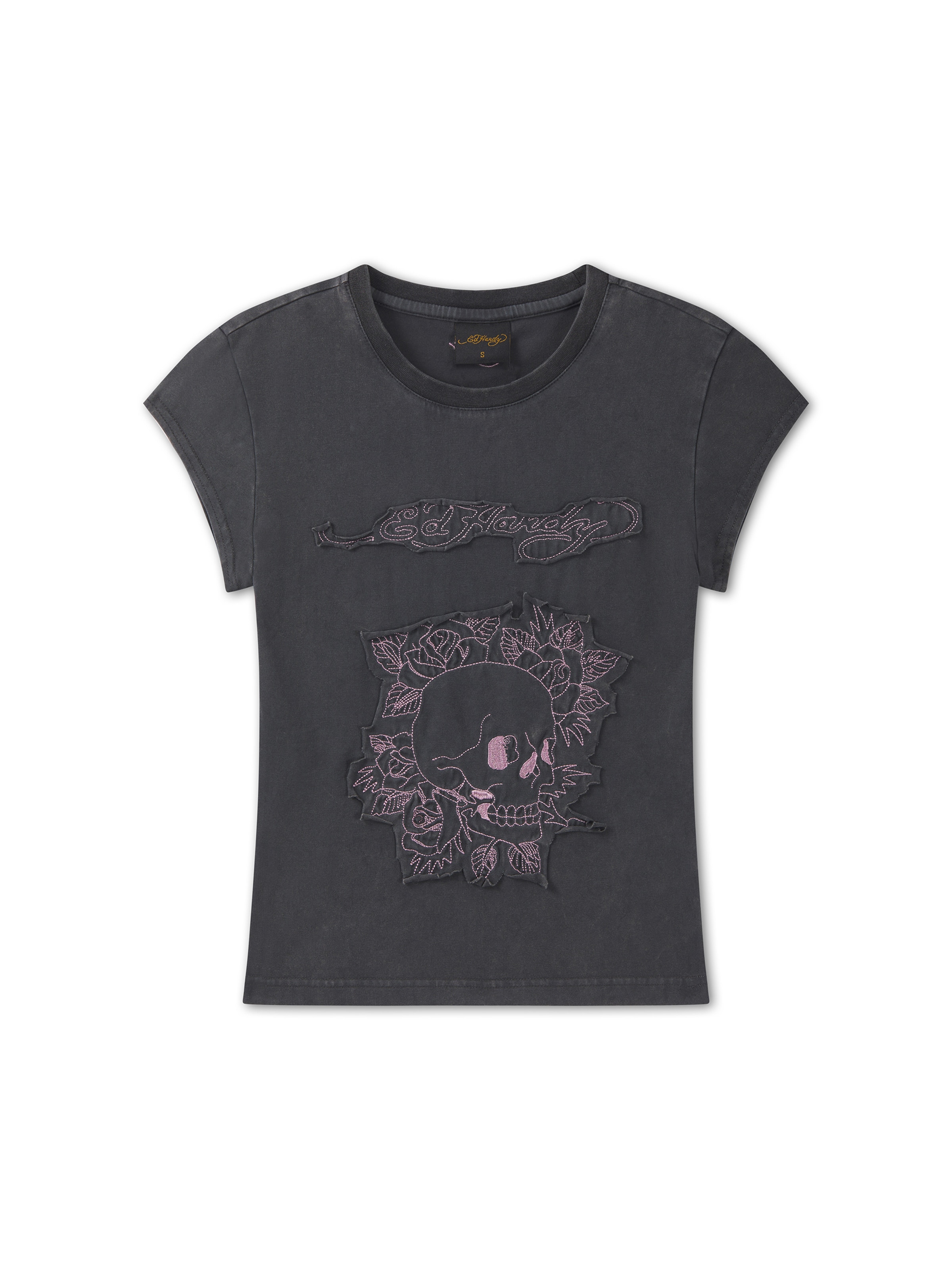 Ed Hardy T-Shirt 'Blumen-Totenkopf' in Grau: Vorderseite