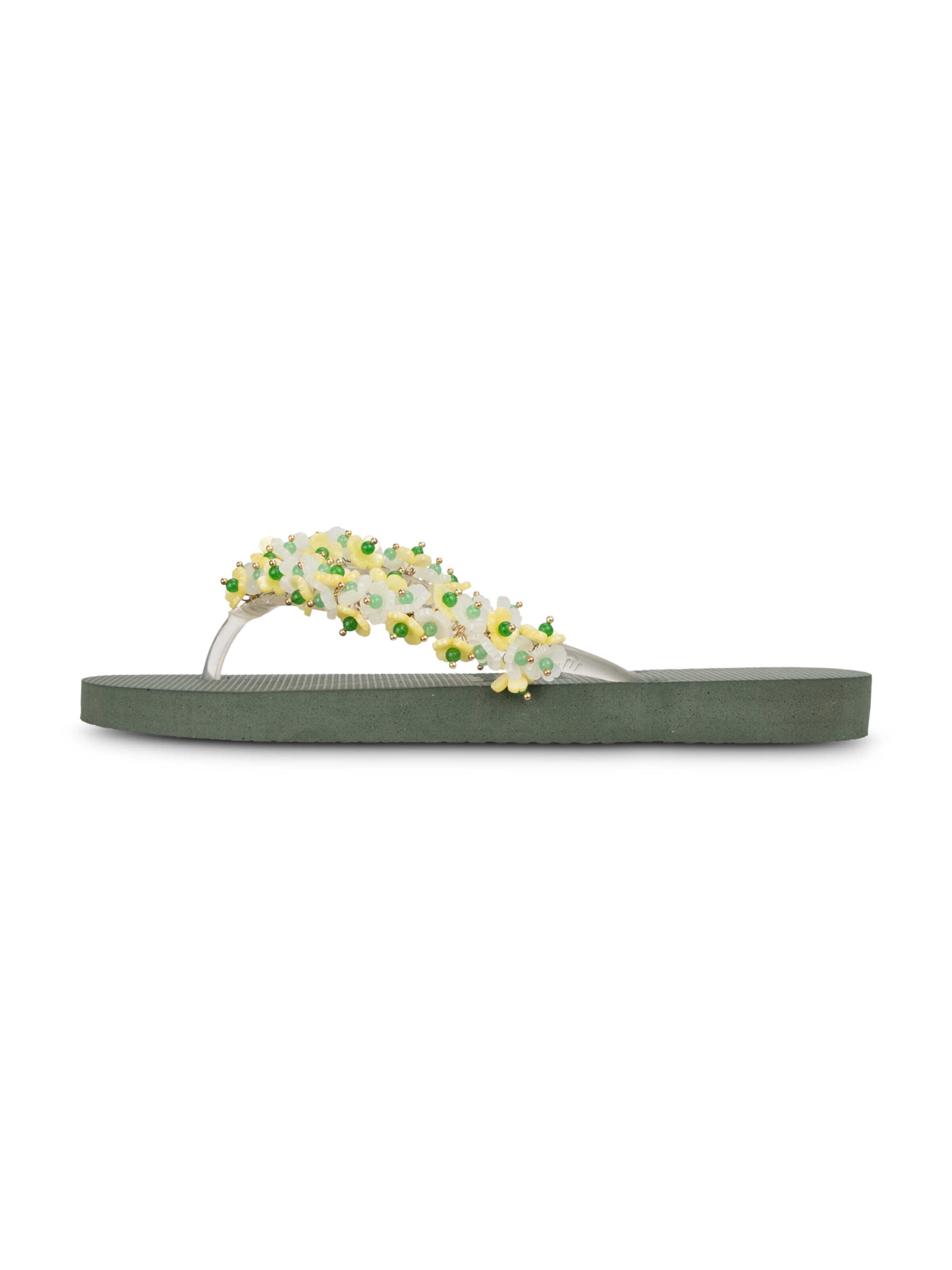 Uzurii Luxury Footwear Zehentrenner 'Tulum Bloom Yellow'‌‌‌ in Grün: Vorderseite