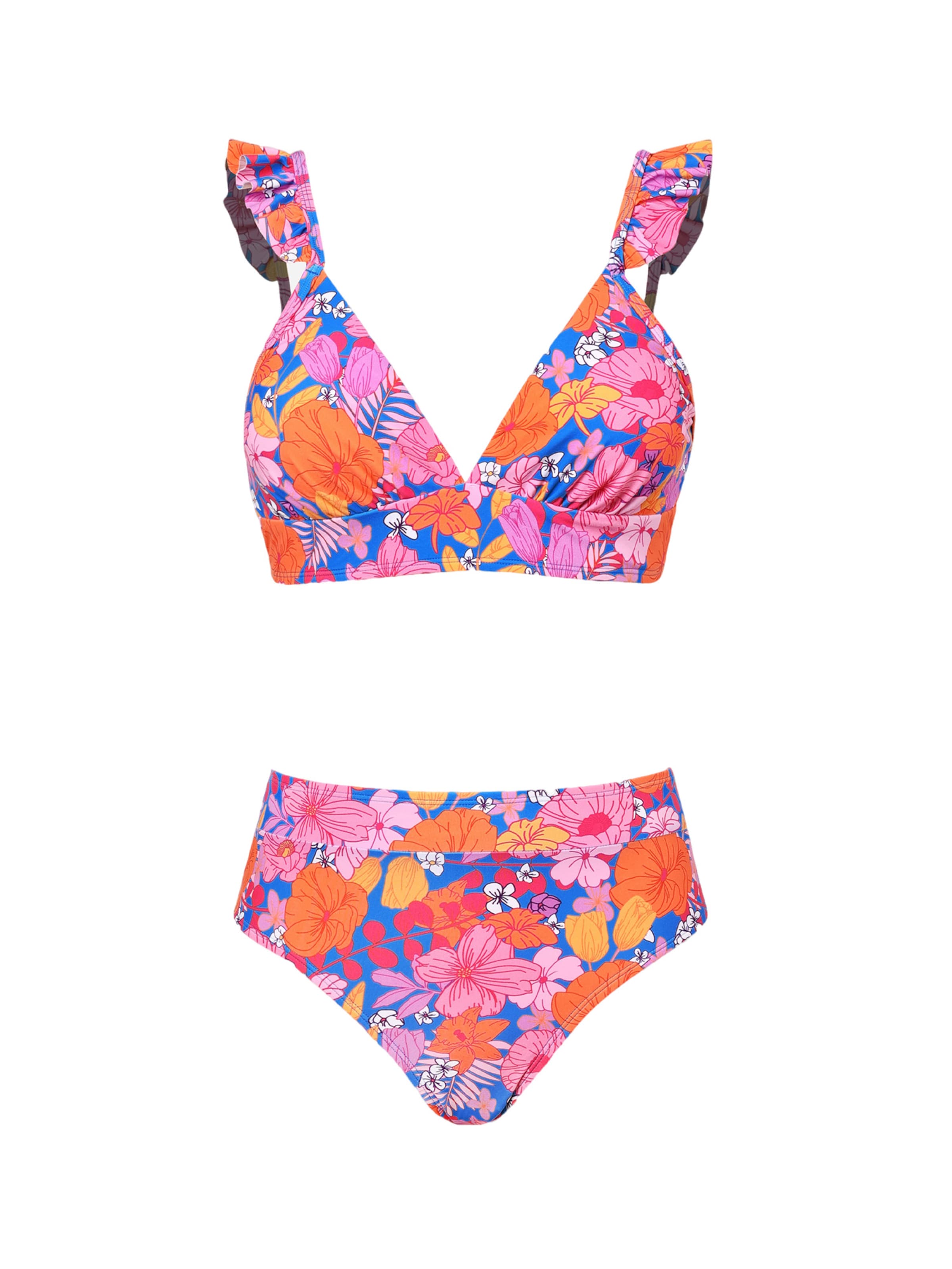 Cupshe Bralette Bikini &#x27;Cupshe Pink Floral Ruffled Bralette &amp; High Waist Bikini Set&#x27; in Pink: front