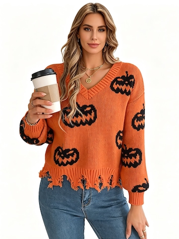 KoJooin Pullover 'Damen V-Ausschnitt Pullover mit Halloween-Kürbis-Motiv Farbkontrast,gestrickter Langarm-Pullover'‌‌‌‌‌‌‌‌‌ in Orange