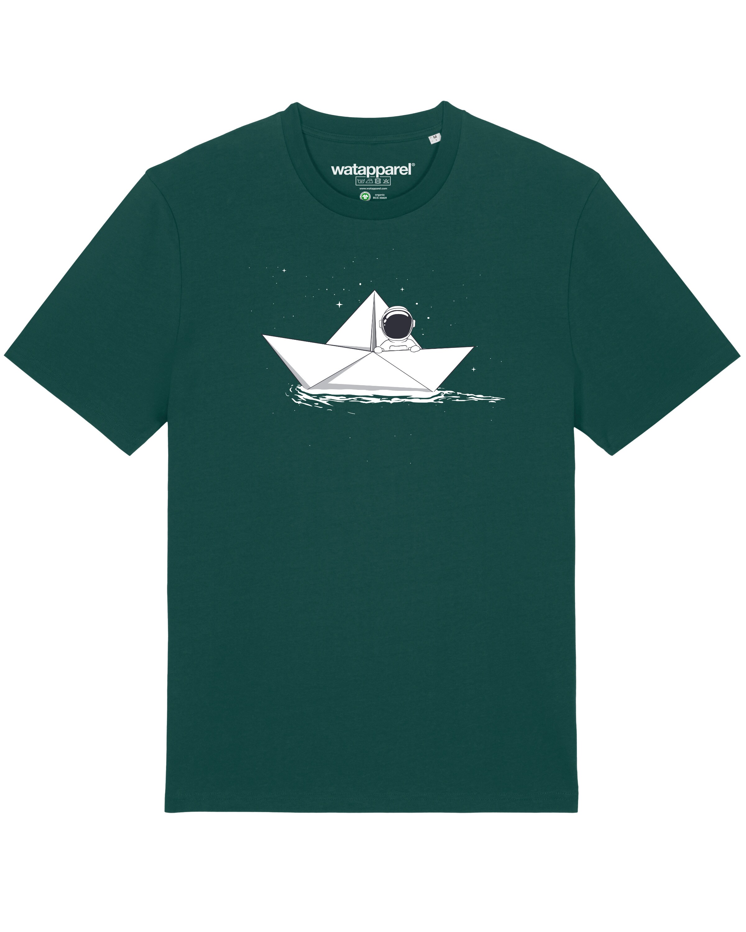 Watapparel Shirt ' Astronaut in paper boat ' in Groen: voorkant